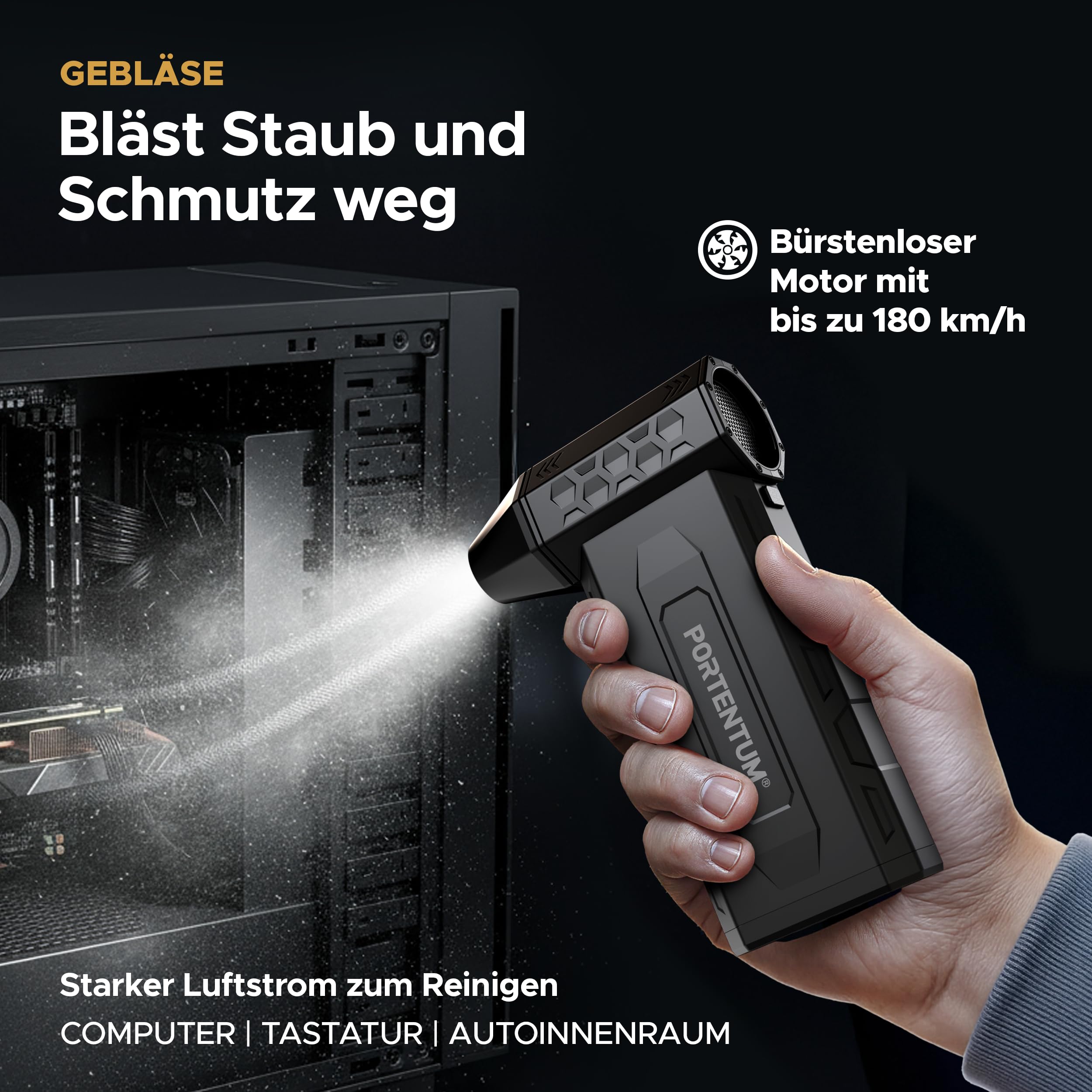 PORTENTUM 3 in 1 Staubgebläse als Druckluftspray 180 km/h – Handstaubsauger Akku 25 kPa – Doppel-LED-Taschenlampe – Set aus 25 Teilen mit 6 Düsen und 13 Bürsten – Air Duster bis zu 115 Min