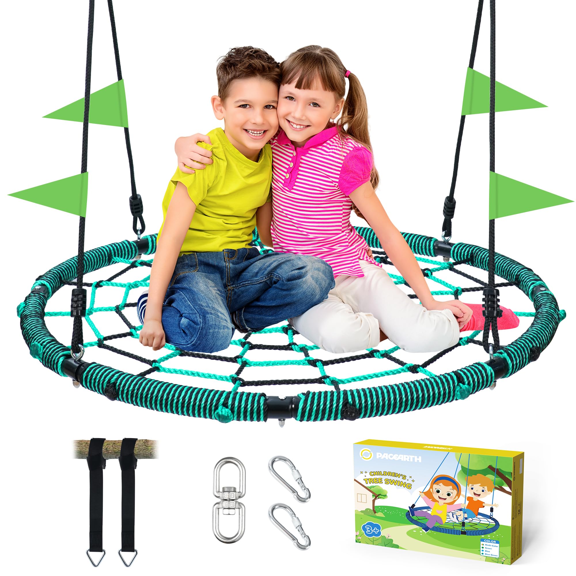 PACEARTH 40” Spider Web Saucer Swing for Kids & Adults Max 700LBS Heavy Duty Net Swing with Rustproof Hardware 3X Durable, Tree Straps and Swivel Included for Trees, and Structures, Green