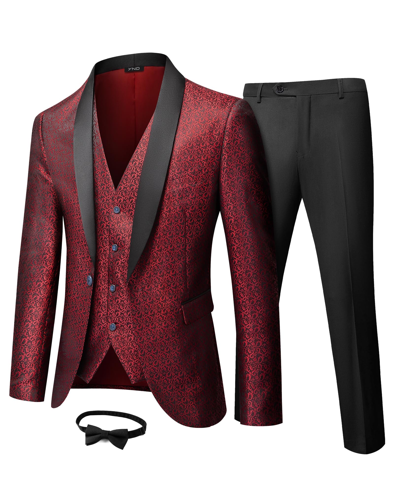 YND Men's 3 Piece Slim Fit Tuxedo Suit Set, One Button Shawl Collar Floral Business Blazer Jacket Vest Pants with Bow Tie