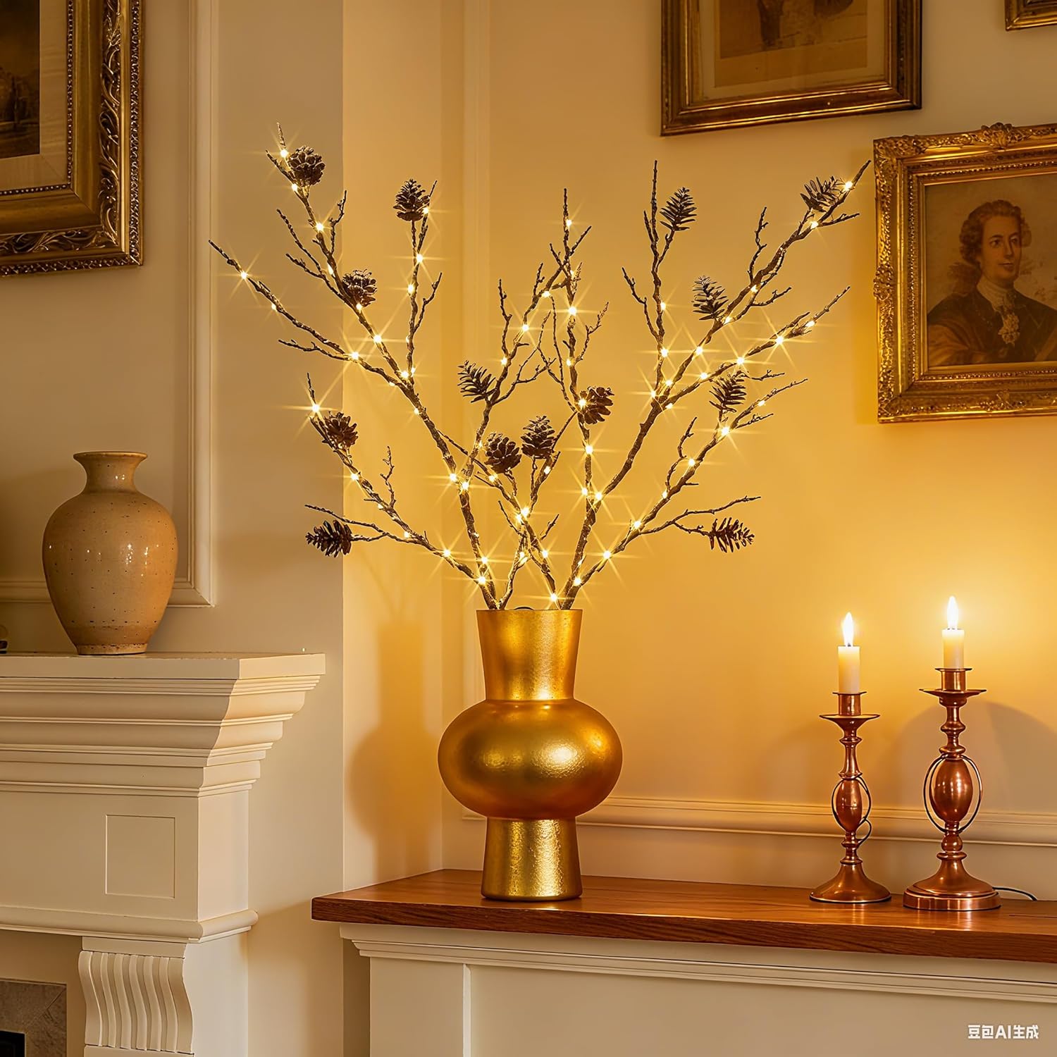 LITBLOOM Lighted Pine Cone Branches with Timer Battery Operated and USB Plug in 32IN, Lighted Willow Branches with 120 LED Lights for Table Fireplace Mantle Christmas Decoration