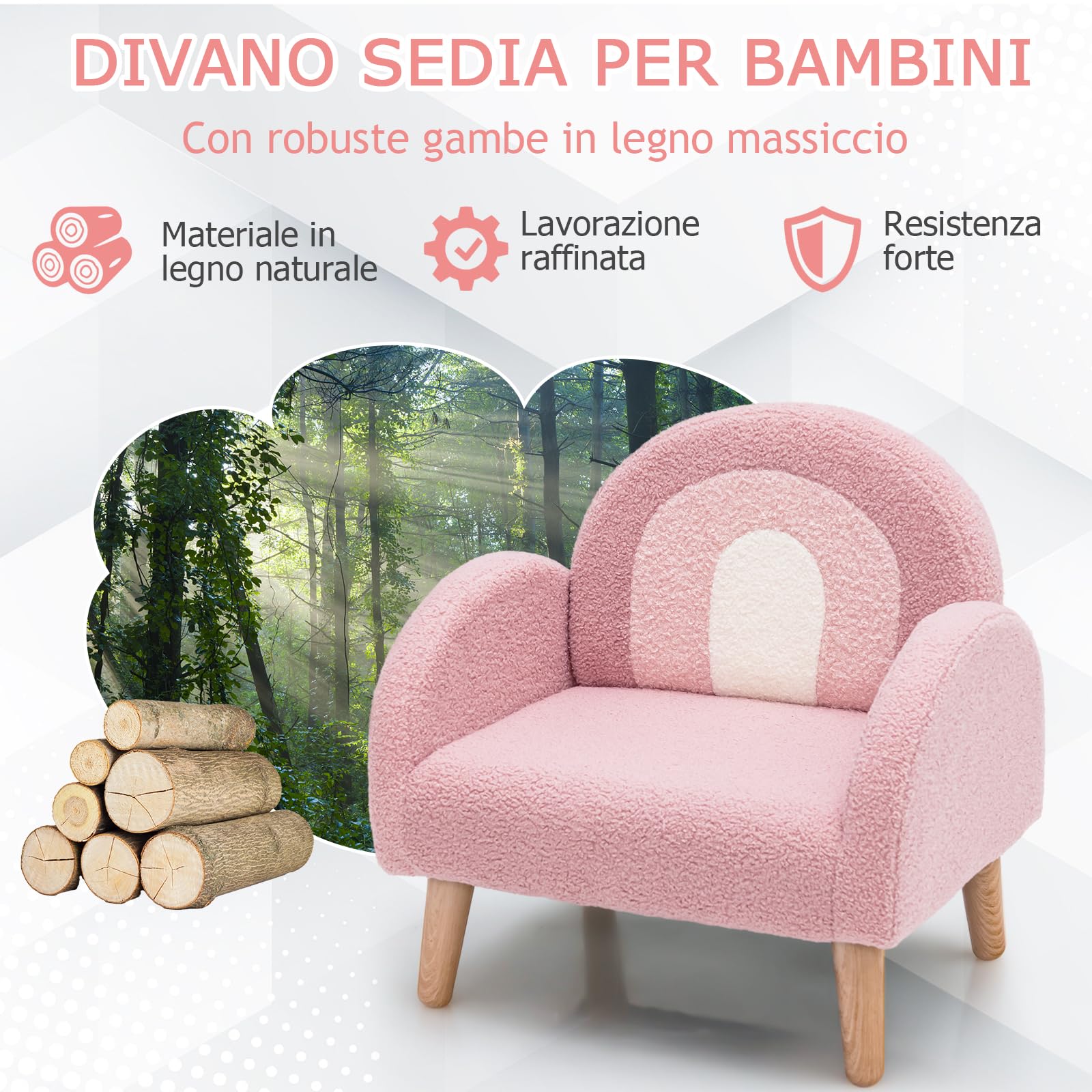 COSTWAY Divano Sedia per Bambini con Tessuto Morbido, Sedia Imbottita con Schiuma ad Alta Elasticità Gambe in Legno Massiccio, Adatta per Asilo Sala, Giochi Camera (rosa)