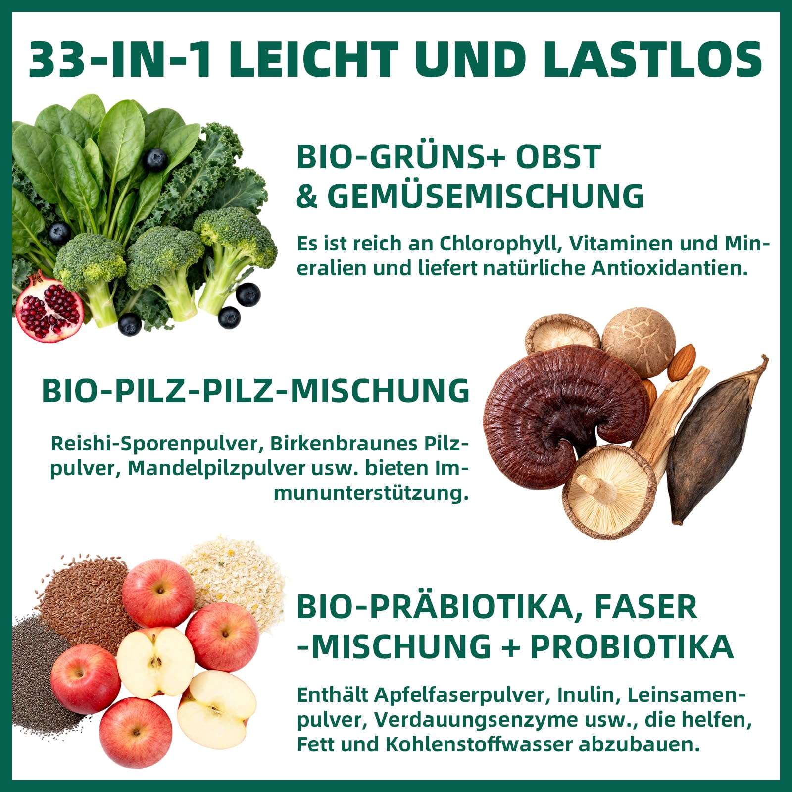 Grüne Entgiftungspulver, Grünes Superfood Pulver Helfer– 33 Zutaten mit Spirulina, Chlorella, Pflanzenstoffen – Greens Pulver mit Ballaststoffen, Enzymen & Probiotika – Vegan, ohne Zuckerzusatz