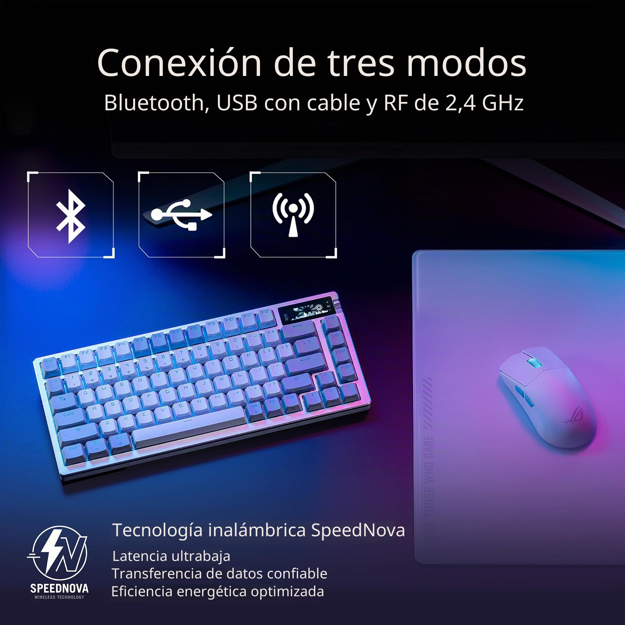 ASUS ROG Azoth White - Teclado mecánico Gaming con conexión Tri-Modo, Pantalla OLED, Montaje por Junta, conmutadores y estabilizadores de Teclado ROG NX Red prelubricados, Hot-Swap, AZERTY