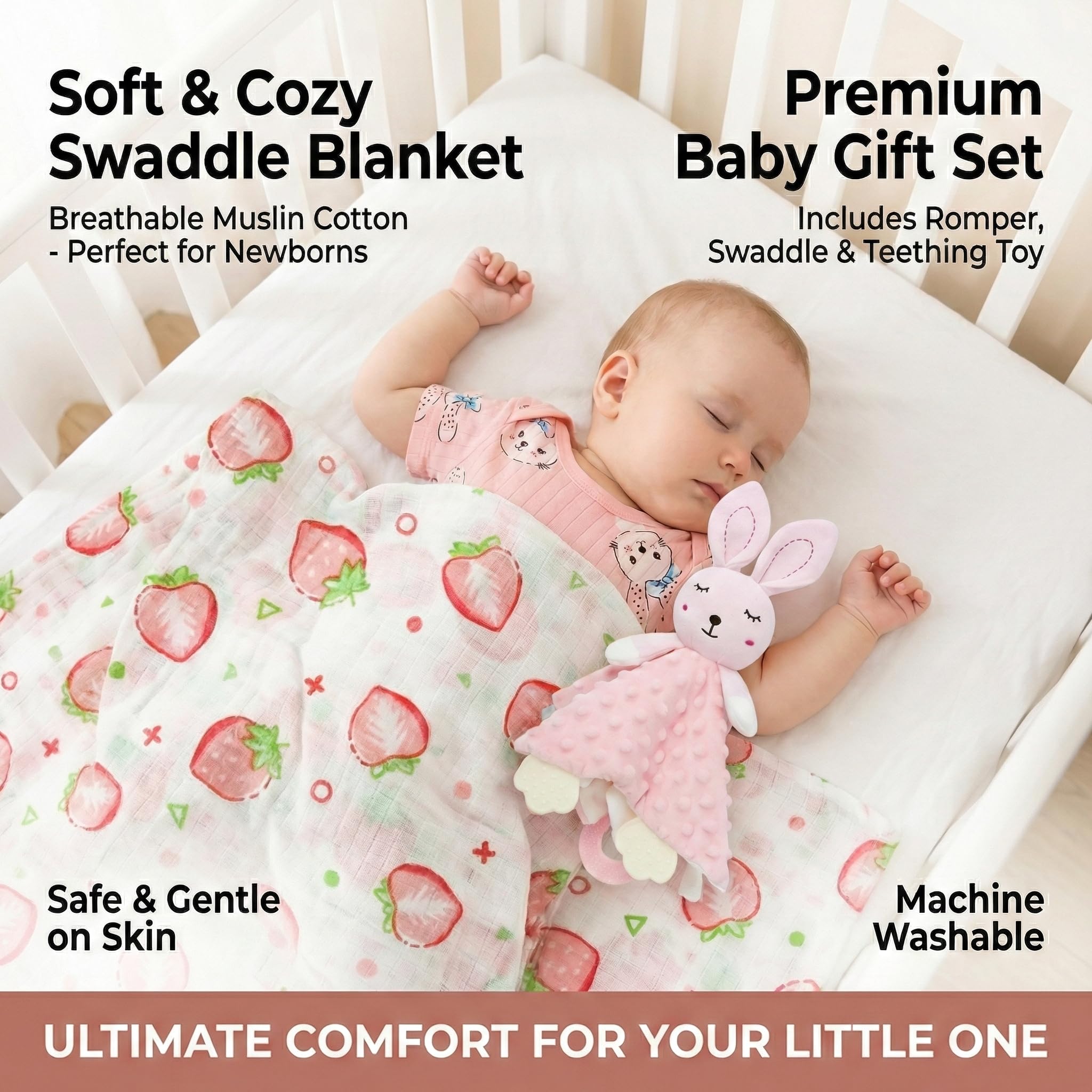 Coffret baptême bébé 15 pièces : couverture, body, hochet, doudou, brosse en bois, cartes étapes, bavoir, chaussettes antidérapantes et boîte souvenir. Rose.