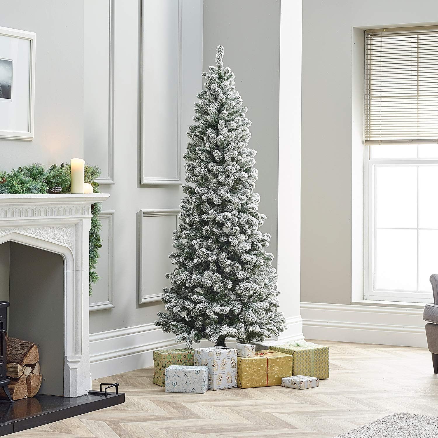The Winter Workshop - 5ft Balsam Fir Snowy Slim Christmas Tree -Classic Style - 430 Branch Tips - Easy Assembly - Traditional Artificial Xmas Tree - Includes Tree Stand - Flocked