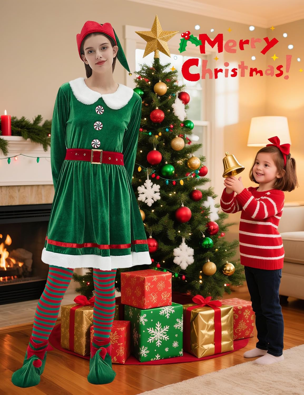 Elf Costume for Women Adult Christmas Costumes Deluxe Velvet Santa Helper 5PCS Set Cosplay Party Plus Size Outfit - Image 4