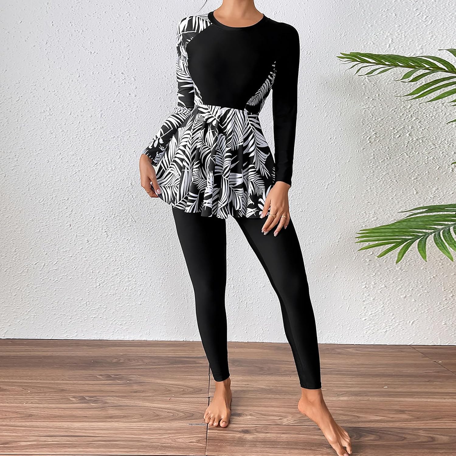 Womens Long Sleeve Rash Guard Swimsuit Modest Full Coverage Bathing Suits Floral Print Sun Protection Swimwear