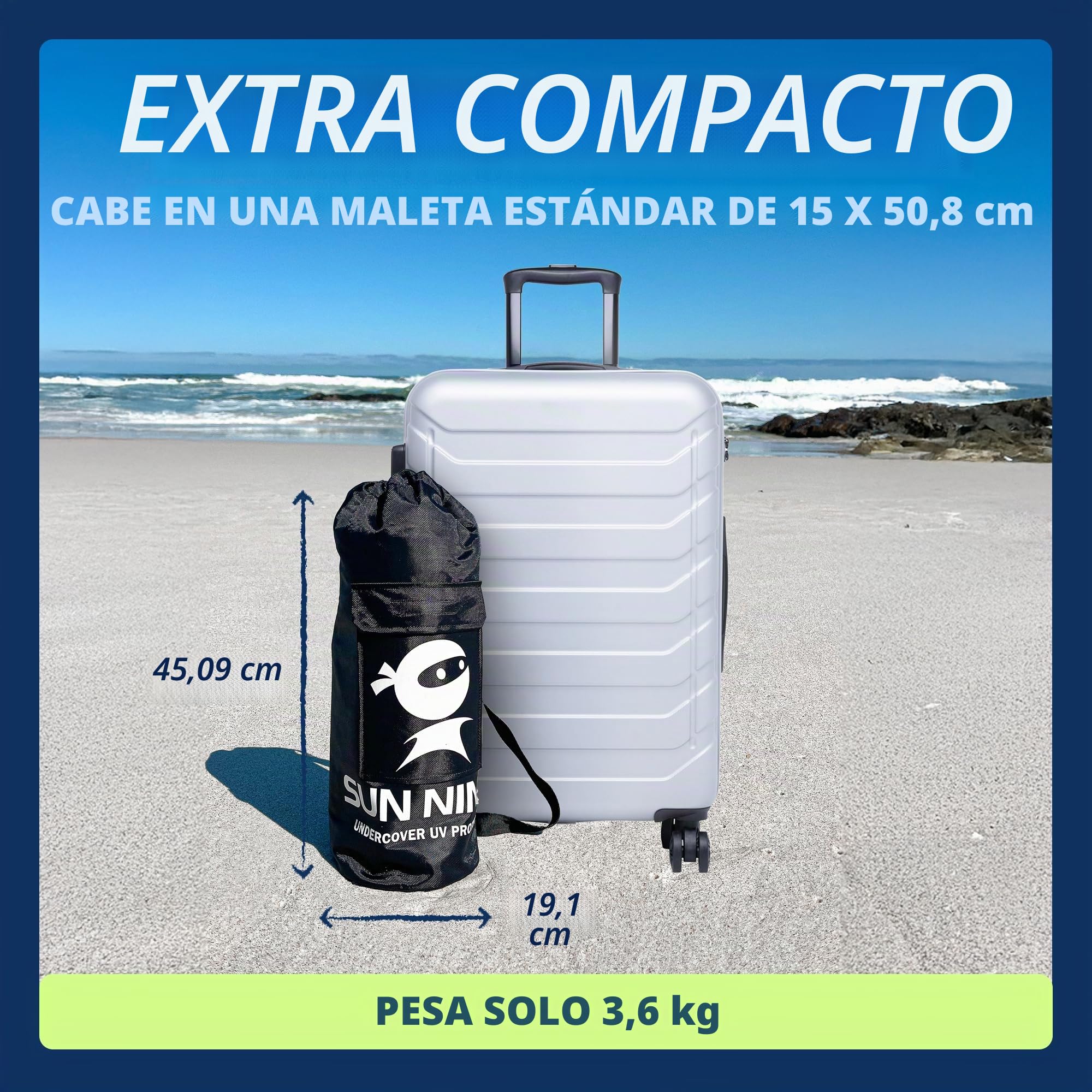 SUN NINJA Carpa Playa Plegable - Toldo Playa Plegable con Protección UPF 50+ - Toldo Camping con Bolsa de Transporte - con Pala Estacas y Postes - Parasol Playa Camping Pesca