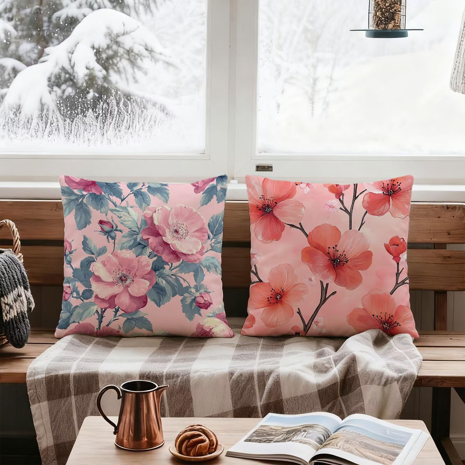 Rose Housse Coussin 60x60 Fleur Taie Oreiller 60x60 Lot de 4 Super Doux Protege Oreiller 60 x 60 Decoration Automne Taie D'oreiller Carrées Coussin Canape, pour Maison Chambre Canapé Chaise E - 943