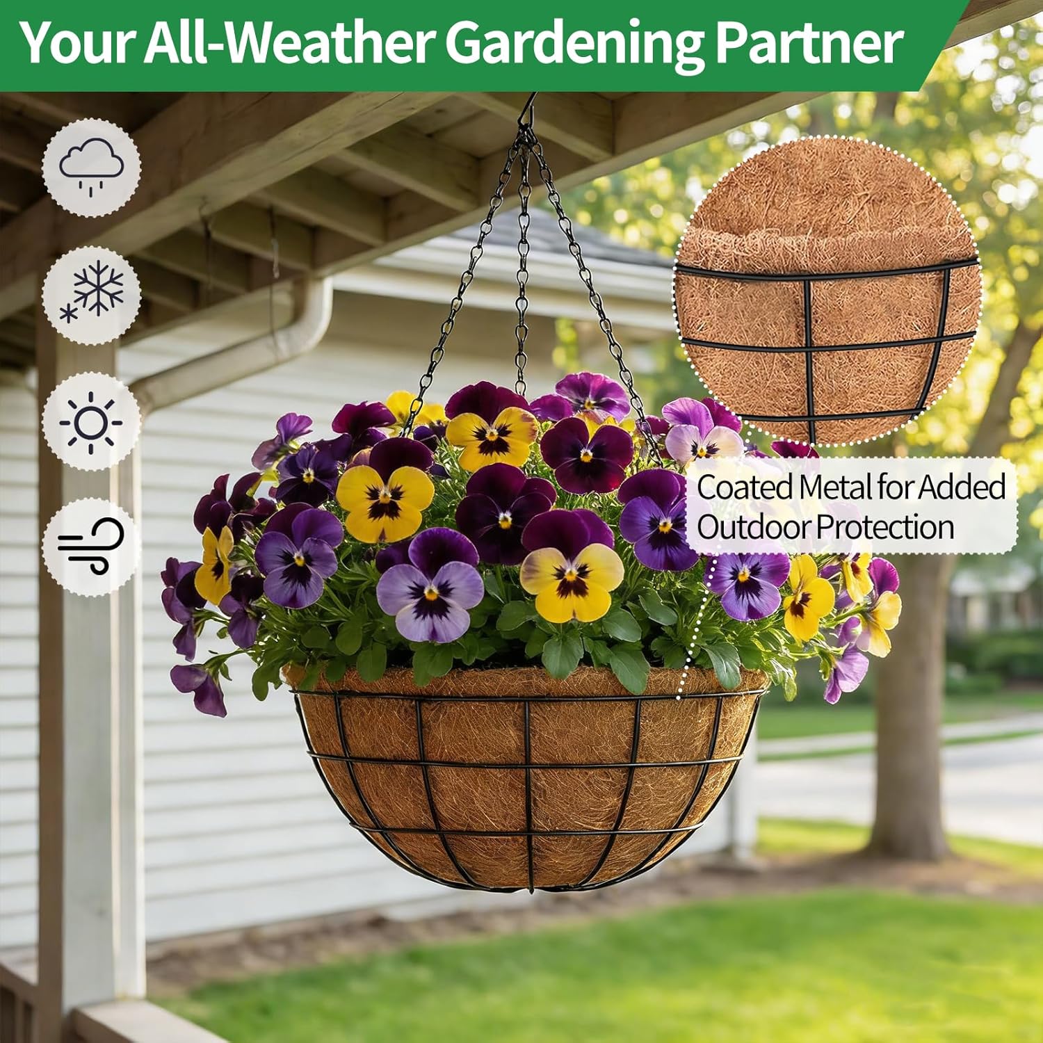 16 Inch Hanging Planters for Outdoor Plants,4 Pack Large Hanging Baskets for Plants Outdoor Metal Hanging Baskets with Thick Coco Coir Liners, Round Flower Pots for Porch Garden Ferns & Petunias