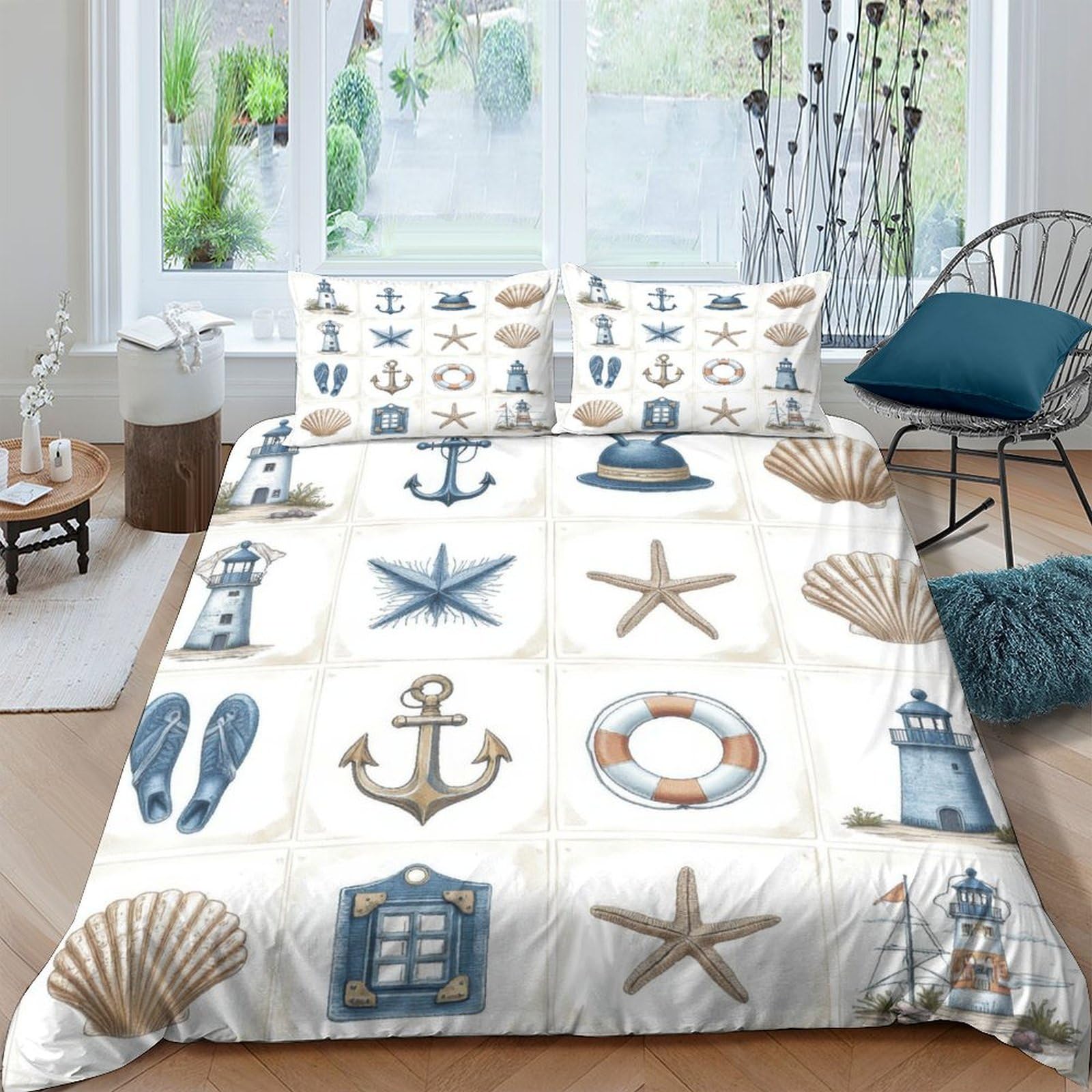 GPLZQXKJNH 3D Printed Nautical Anchor Duvet Cover Microfiber Soft Breathable Starfish Bedding Set with 2 Pillowcases for Bedroom Decor Single（135x200cm）