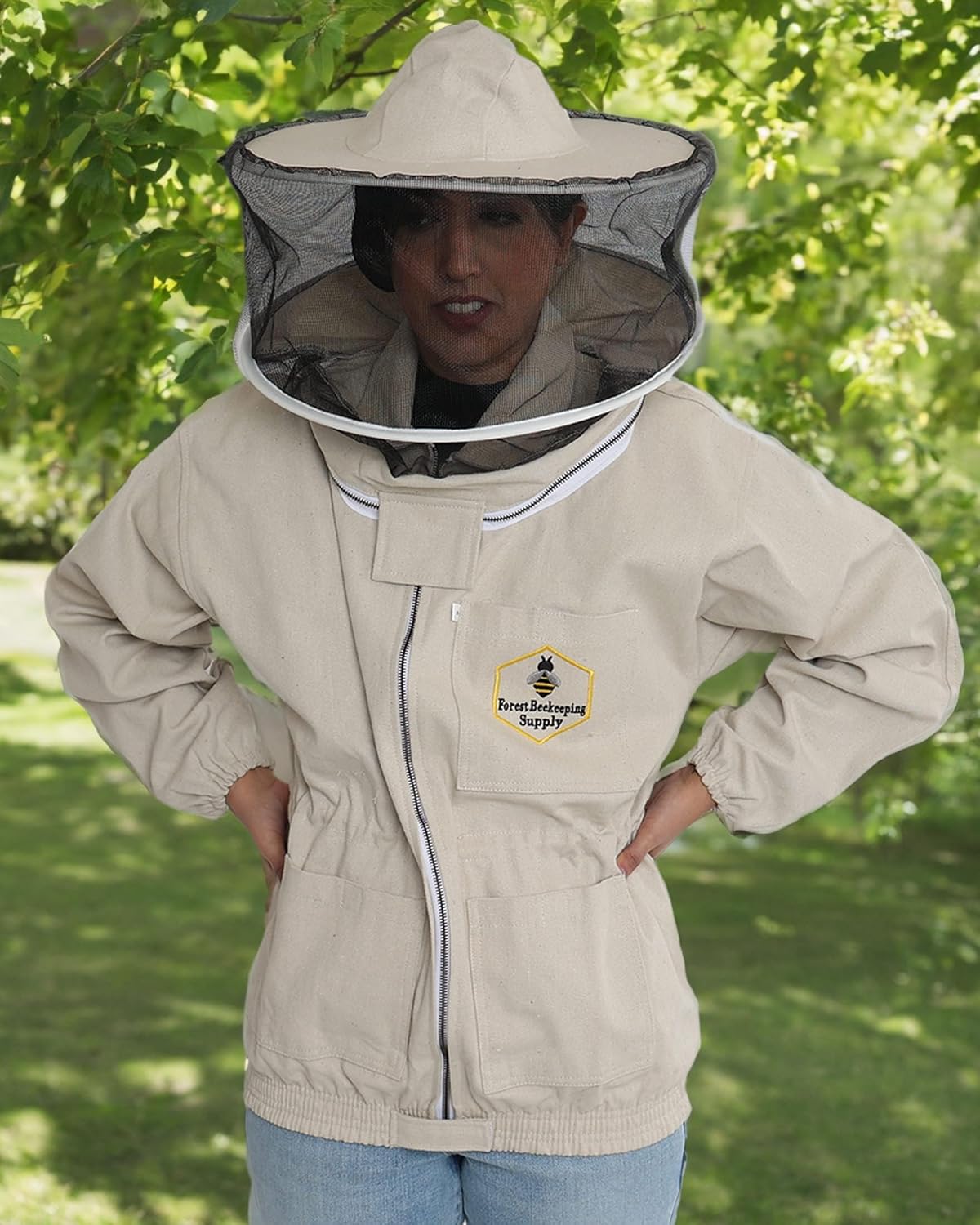Beekeeping Jacket with Round Veil and Gloves, Natural Canvas Bee Jacket with Durable YKK Brass Zippers for Professional & Hobby Beekeepers (2XL)