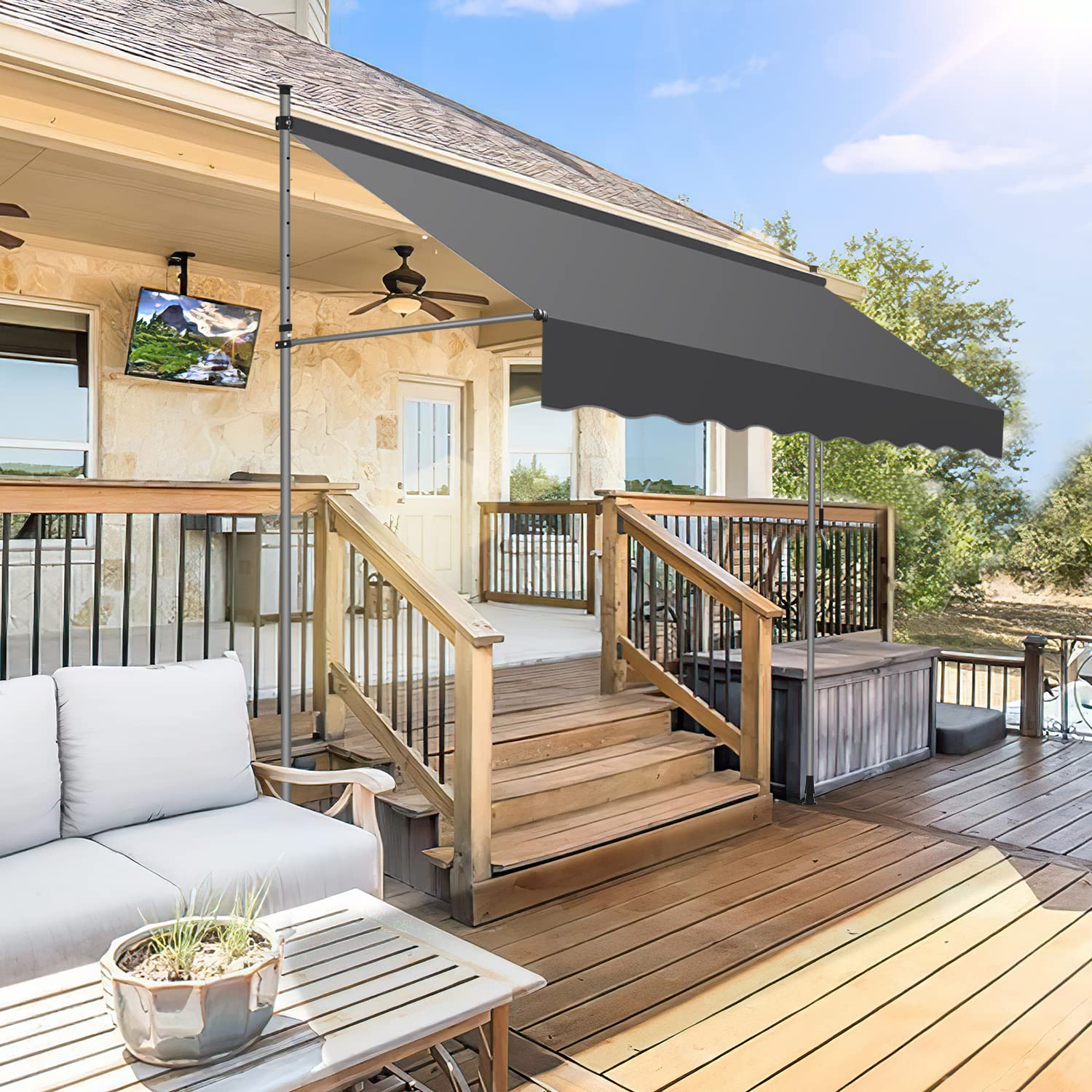 Toldo para balcón sin taladrar, 250 cm de ancho con manivela, altura regulable, resistente a los rayos UV e impermeable, toldo para terraza, balcón, color gris