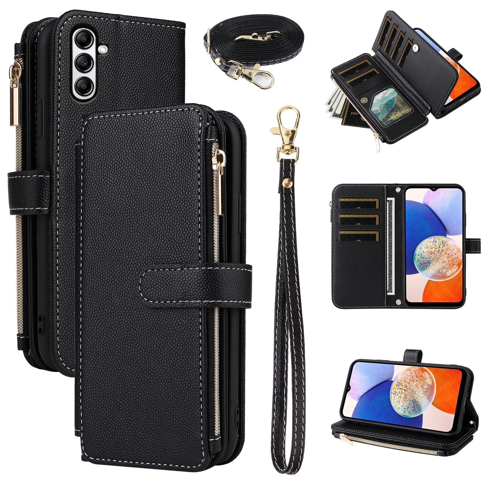 Furiet Wallet Case for Samsung Galaxy A36 5G with Wrist Strap, Shoulder Strap 10+ Card Holder Luxury PU Leather Flip Stand Zipper Purse Cell