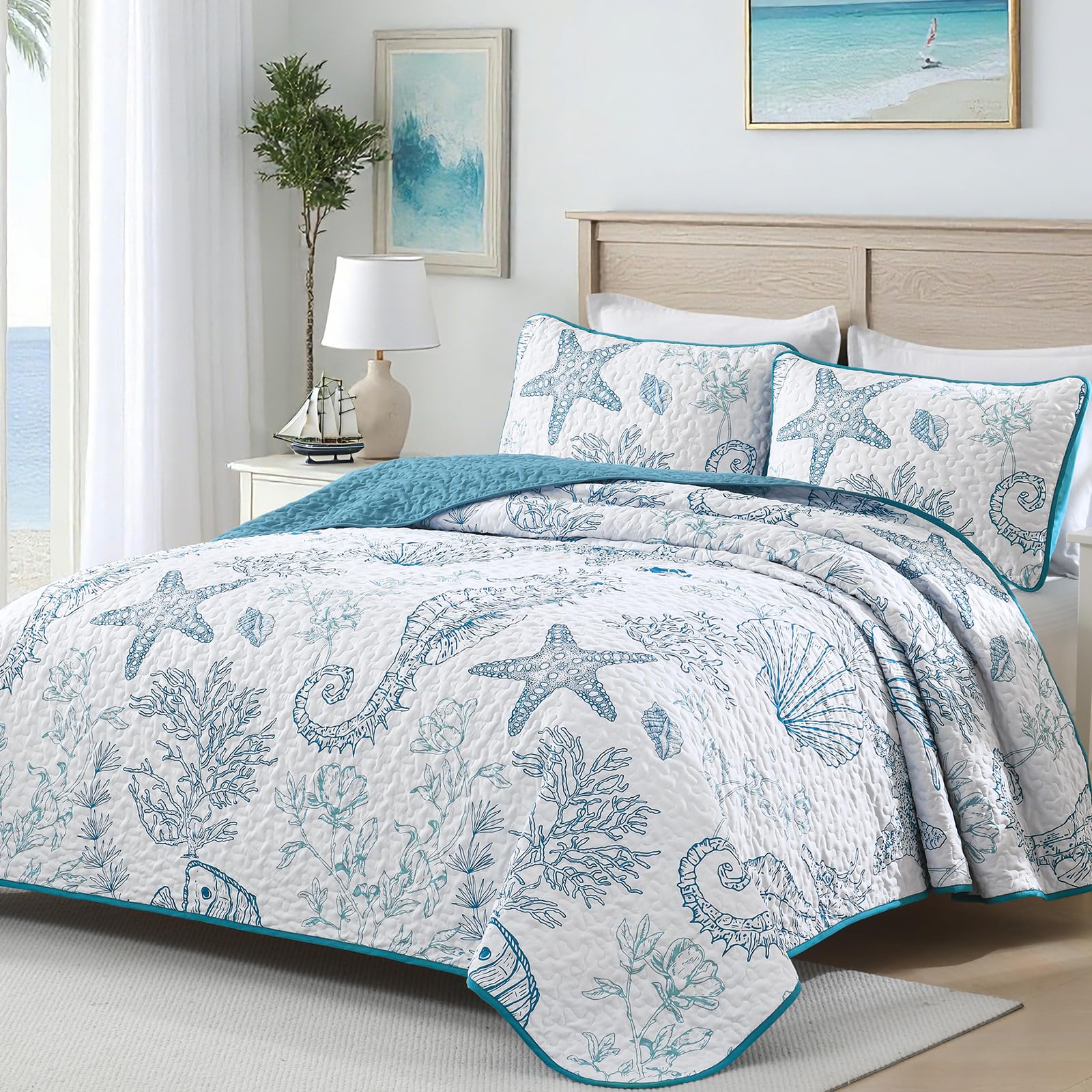 Dinjoy Coastal Quilts King - Blue Ocean Bedding -2