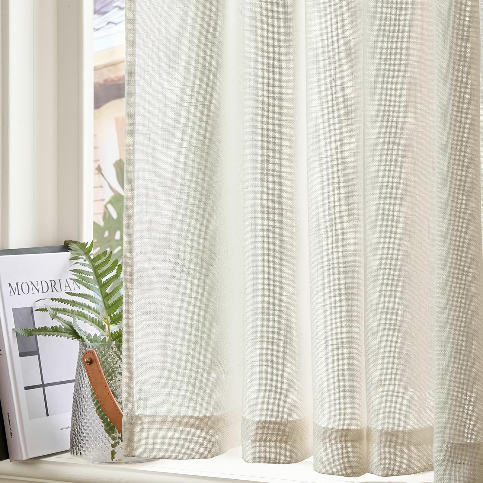 TOPICK Cortinas para Cocina con Bolsillo para Varilla de Bistró para Sala de Estar Translúcidos Modernas de Estilo Rústico de Campo con Túnel Lino Blanco Juego de 2 Unidades 65 x 90 cm