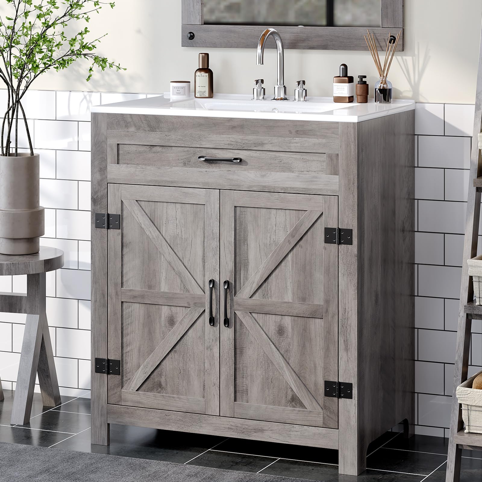 VINGLI 30" Farmhouse Bathroom Vanity with Sink, Undermount Vanity Sink Cabinet with Barn Door &Shelf,Free Standing Small Bathroom Storage Cabinet with