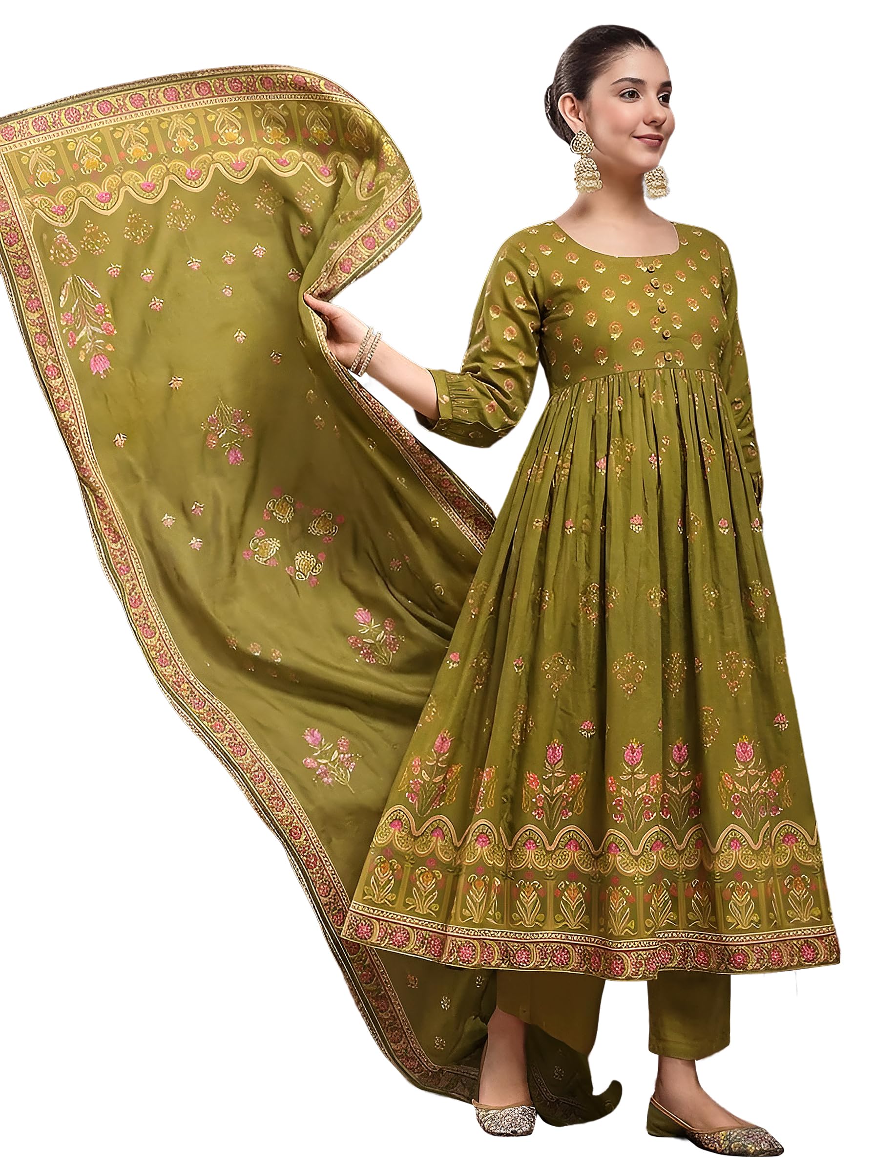 pinkmint Women's Cotton Blend Printed Anarkali Kurta Set with Pant & Poly Muslin Dupatta | Flared Ethnic Kurta Set | Round Neck 3/4 Sleeve Gathered Pleated Kurti Set (Available in Plus Size)-picture-10