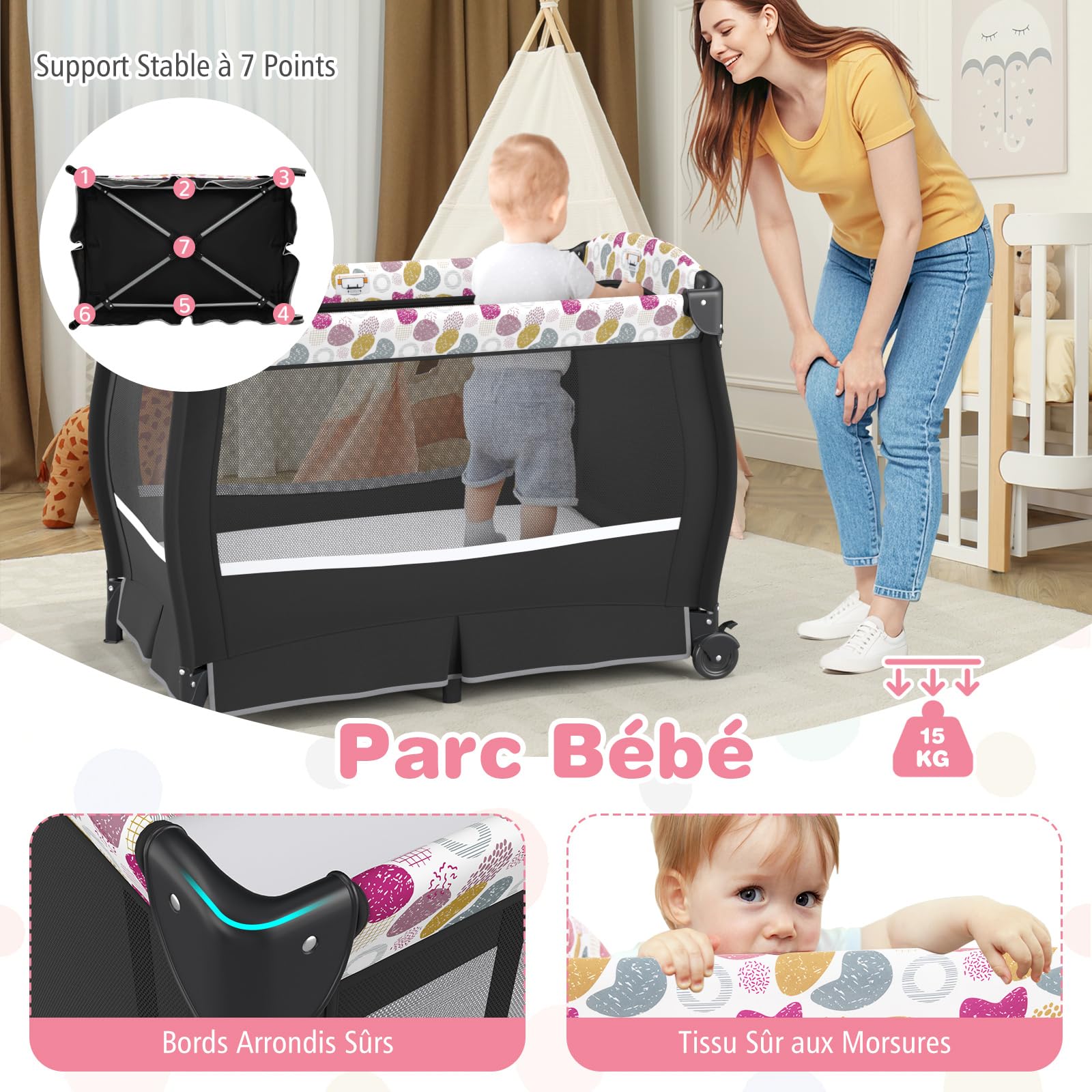COSTWAY Lit Parapluie Bébé avec Matelas & Table à Langer Escamotable, Lit Bébé Évolutif avec Boîte à Musique & Jouets Suspendus, Auvent Réglable, Lit de Voyage pour 0-36 Mois (Cercles colorés,Noir)