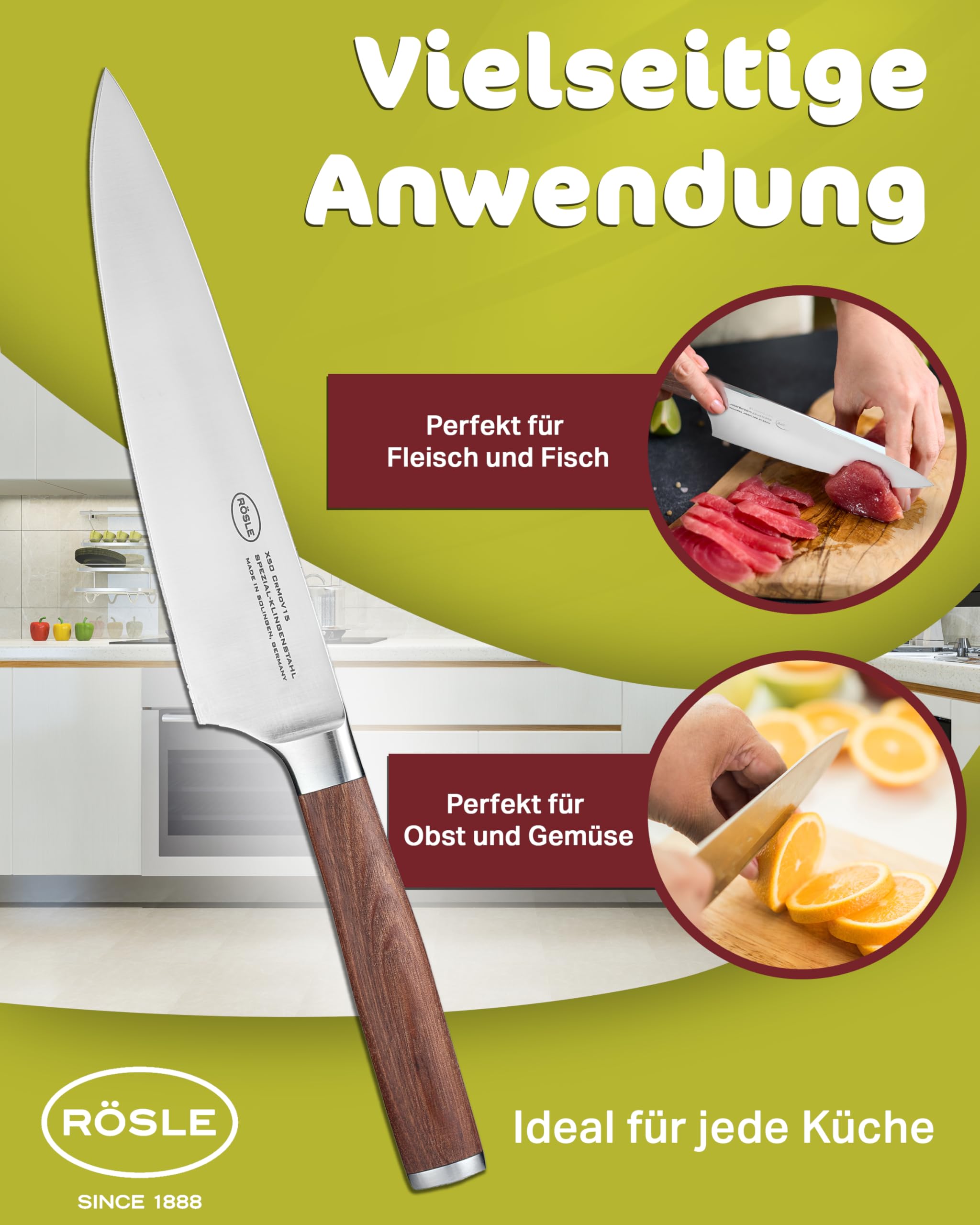 RÖSLE Kochmesser Masterclass 20 cm - Hochwertiges Küchenmesser zum Schneiden von Fleisch, Fisch, Geflügel und Gemüse, ein scharfes Schneidemesser mit ergonomischem Griff aus Walnussholz | Klinge aus X50CrMOV15 Stahl, Made in Solingen, scharf für Fleisch,