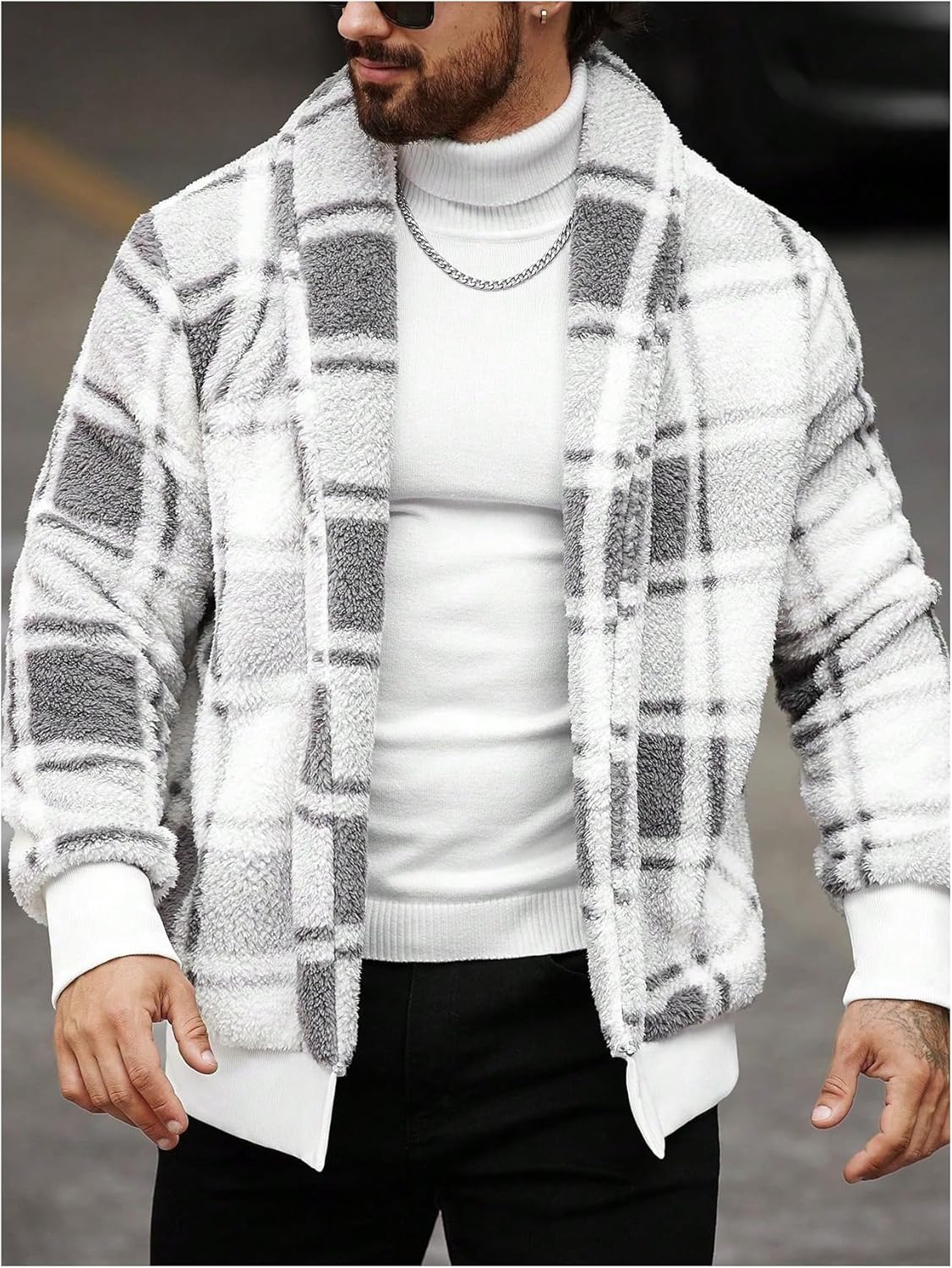 SHENHE Men's Plaid Sherpa Jacket Open Front Shawl Collar Long Sleeve Fuzzy Teddy Coat Fall Winter Outerwear