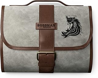 Bossman PU Leather Toiletry Bag for Men - Water Resistant Toiletry Kit Mens Hanging Travel Organizer - Hand Crafted Portable Traveling Accessories