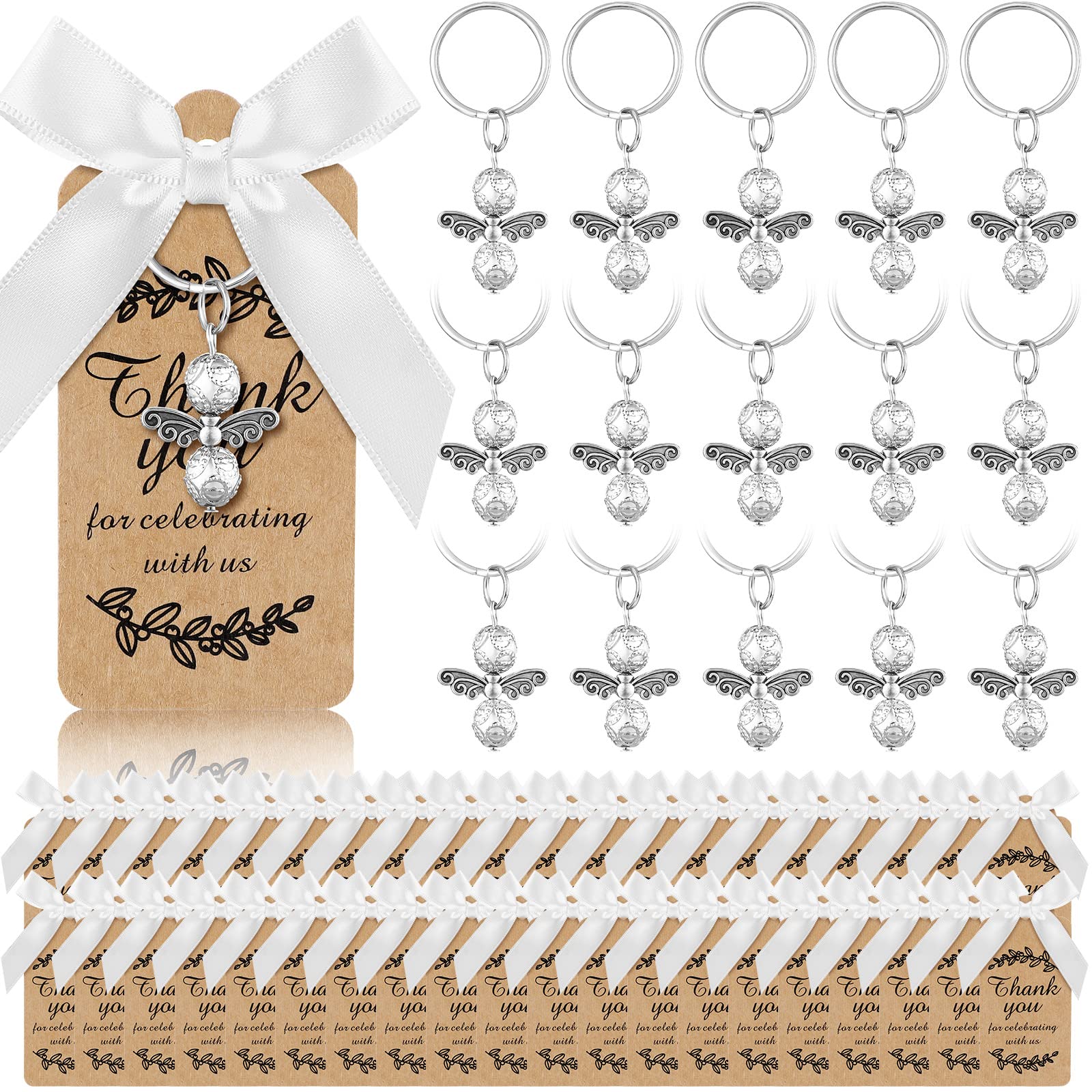 Sureio 40 Sets Baptism Favors Angel Keychains Silver Angel Charm Keychain with Thank You Tags and White Bows Guest Gifts for Baptism First Communion