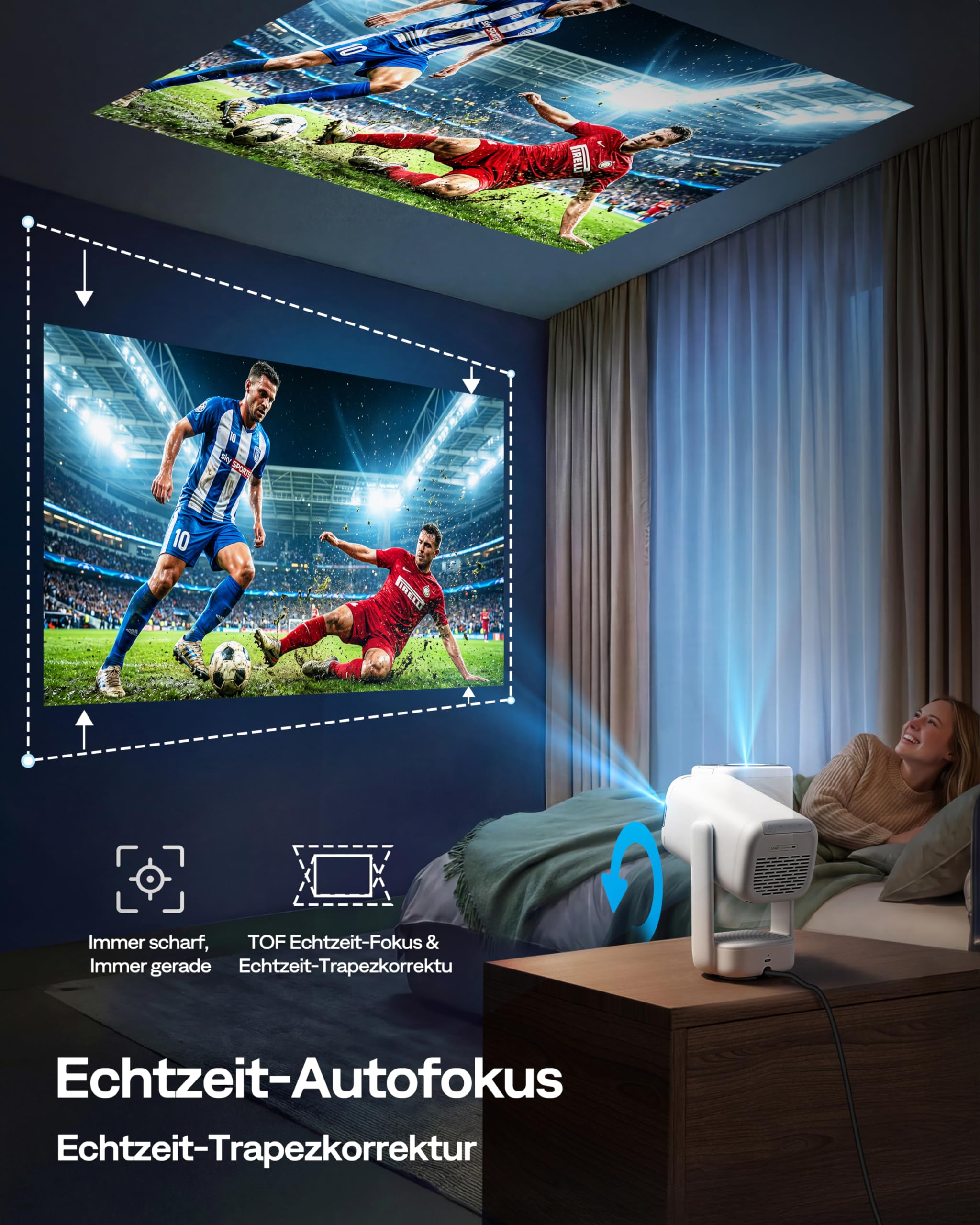 Aurzen D1 air Smart Beamer mit Netflix, 16W Dolby Audio, Beamer Outdoor 1080P mit HDR10 & 4K-Unterstützung, 180° Drehbar Mini Tragbarer Projektor mit USB-C PD, TOF-Autofokus, Trapezkorrektur, Weiß