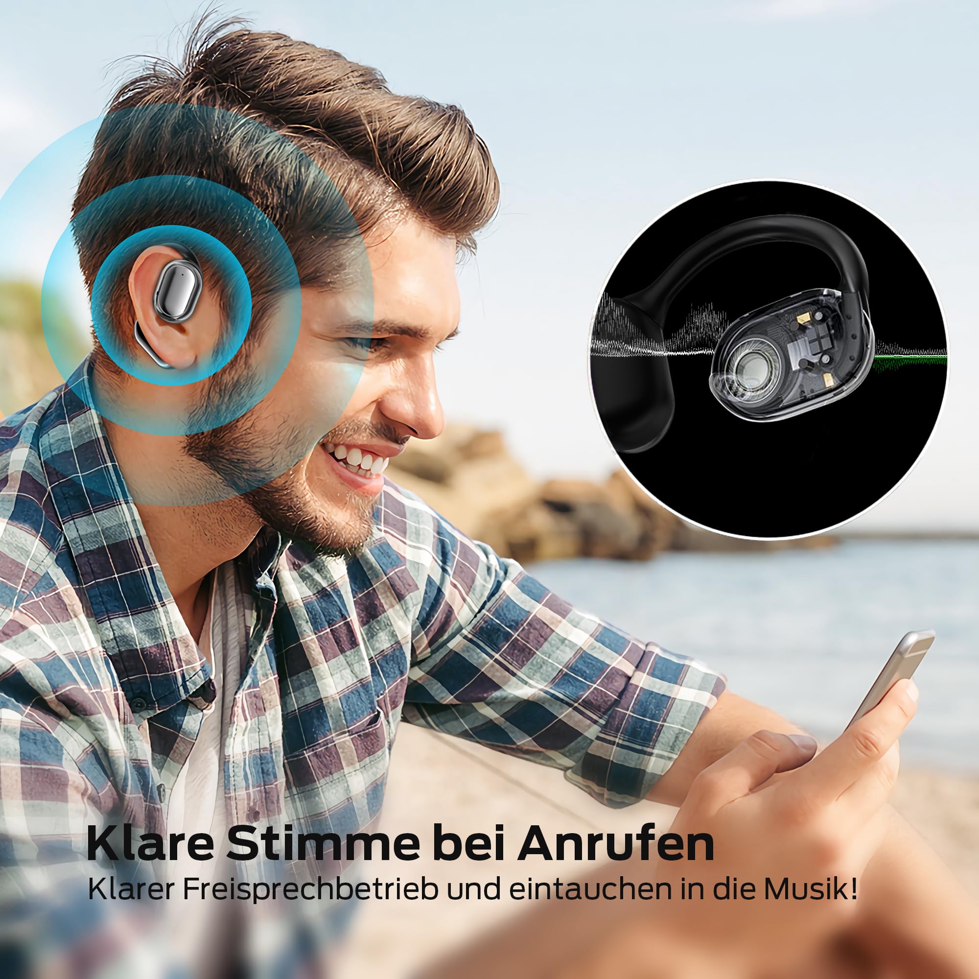 BUGANI Offene Bluetooth Kopfhörer Sport, Kopfhörer Kabellos mit Bügel BT5.4, 30 Stunden Akkulaufzeit, mit großem 16,2 mm Treiber, Ohrhörer Bluetooth mit Ohrhaken für iOS/Android Schwarz