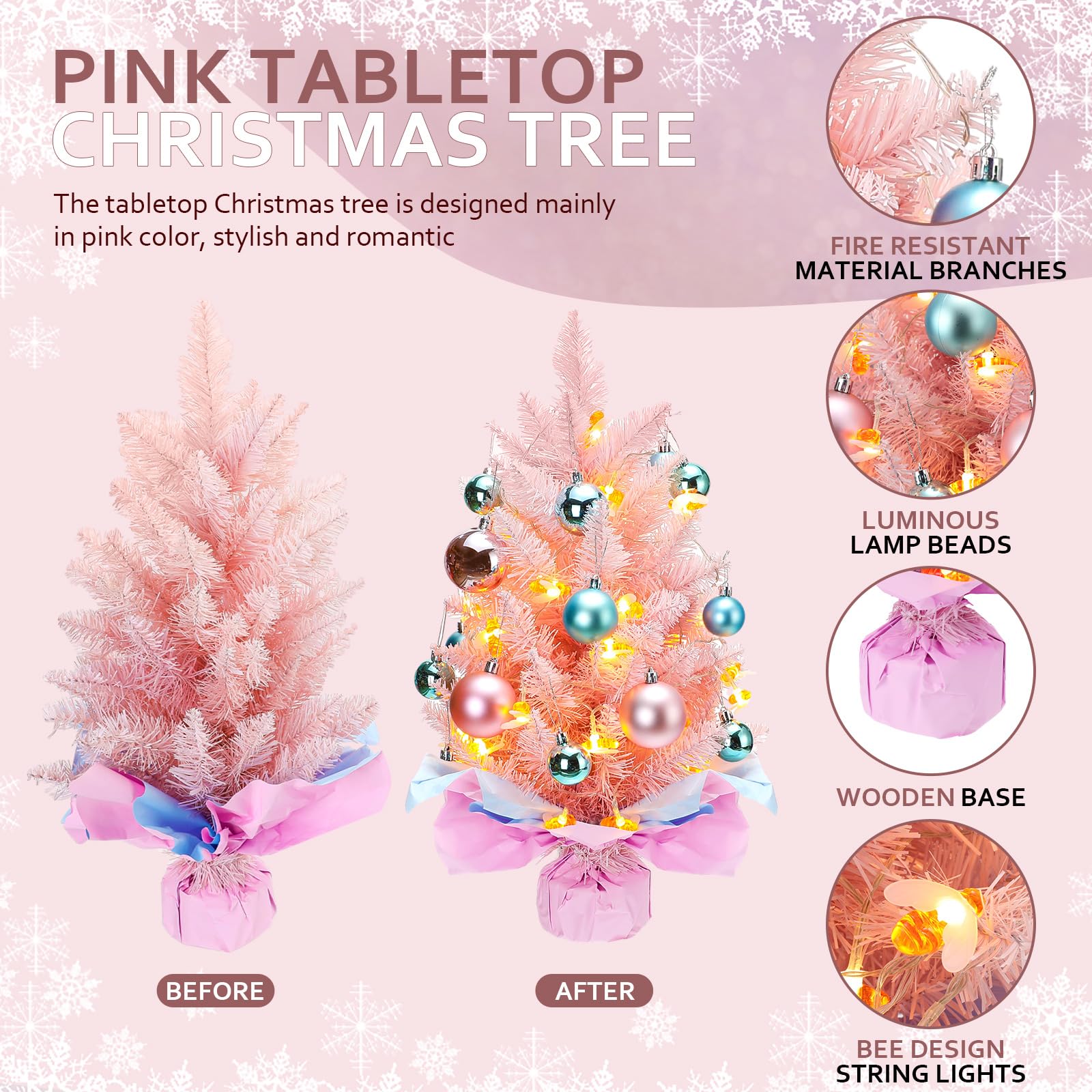 Liliful 2 Pcs 24 Inch Mini Pink Christmas Tree, Small Tabletop Christmas Tree Mini Artificial Christmas Trees with Lights and Ball Ornaments Pink LED Christmas Pine Tree for DIY Xmas Decorations Gifts