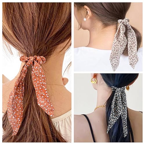 Miniatura 7 de 5 lazos para el pelo clásicos de gasa con lazo floral, elegantes coleteros para el cabello, bandas largas para cola de caballo, bandas para la
