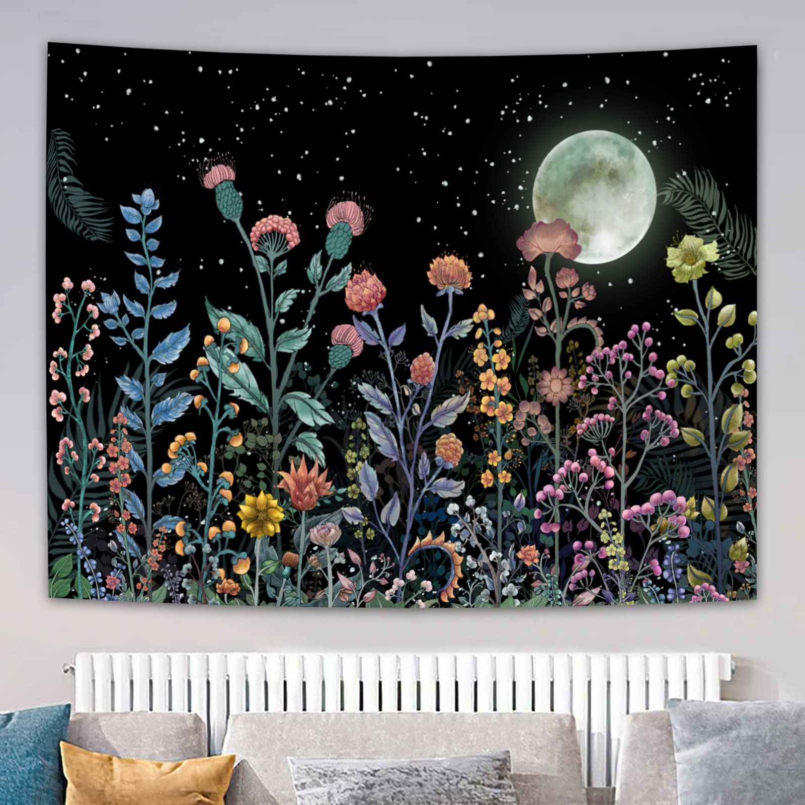 ZYLLGLOW Moonlit Garden Tapestry Moon Tapestry Flower Tapestry Colorful Plants Tapestry Black Tapestry Wall Hanging Decor for Room