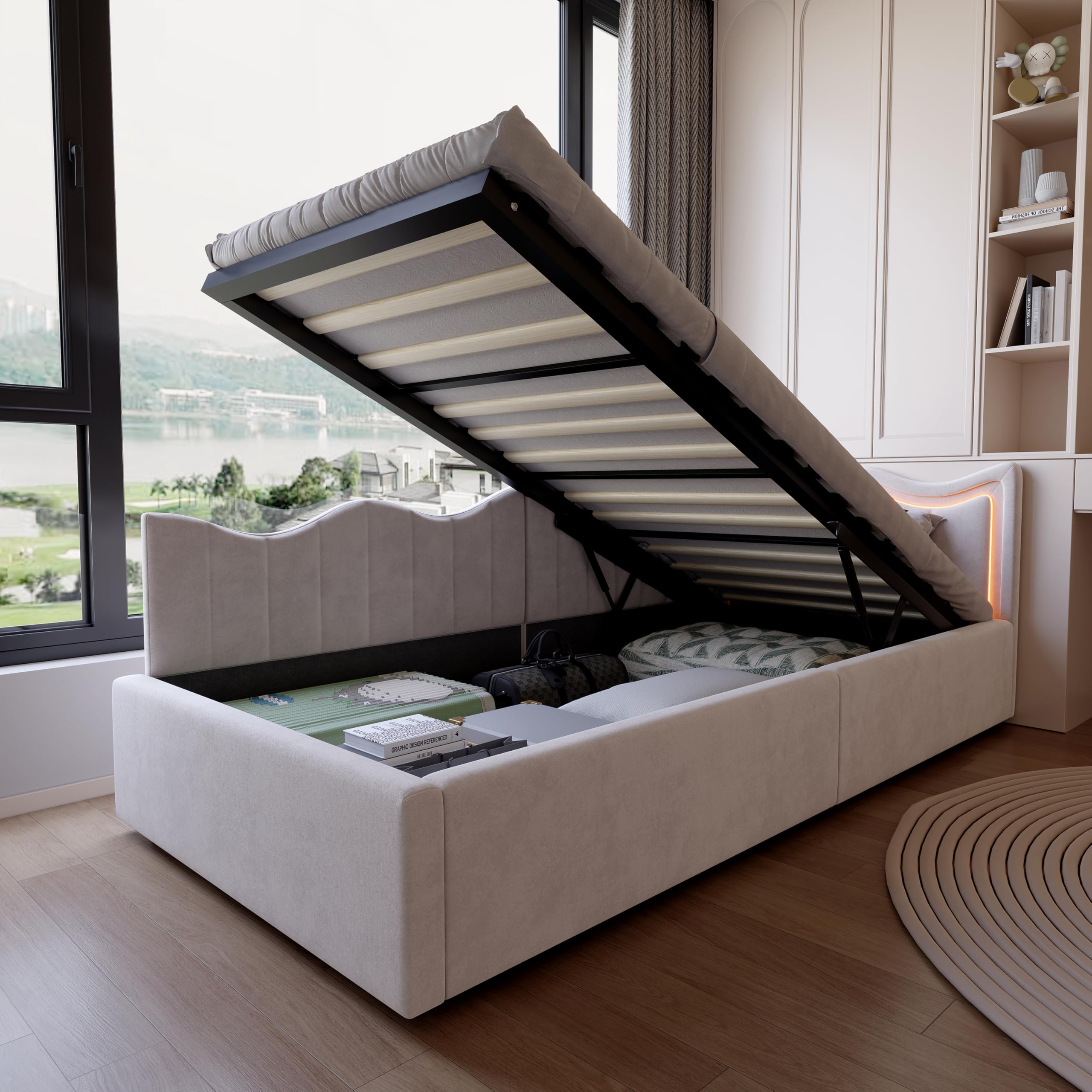 Cama tapizada, sofá cama 90 x 200 cm, con iluminación LED, cama individual con LED integrado, 90 x 200 cm, cama juvenil con espacio de almacenamiento hidráulico y cabecero, tela de terciopelo, cama de