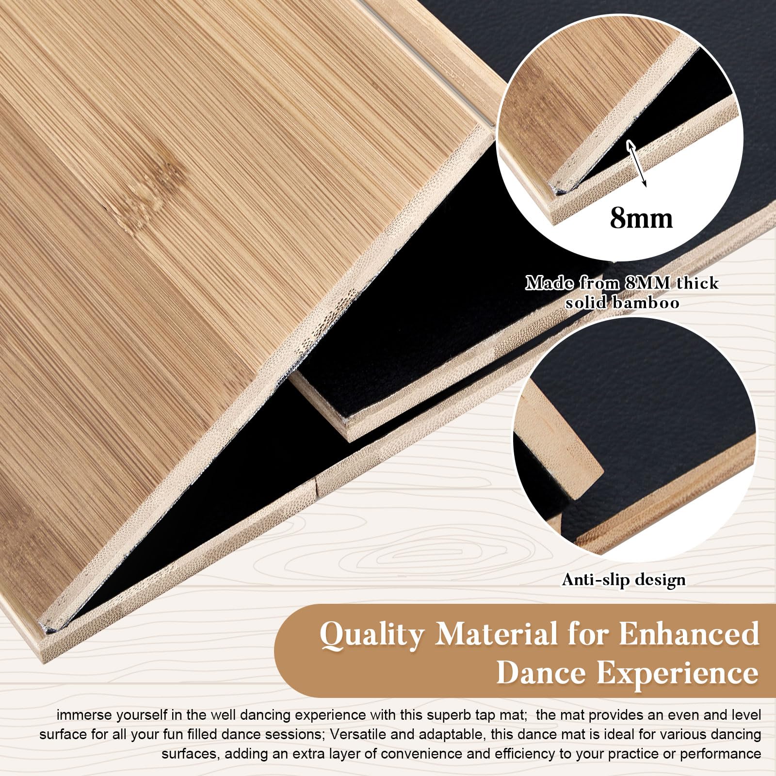 Drydiet Tap Mat Dance Mat Portable Tap Board Made of 8 mm Thick Solid Bamboo with Clear Sound Feedback Portable Heavy Duty Dance Floor Mat Exercise Flooring Professional Student