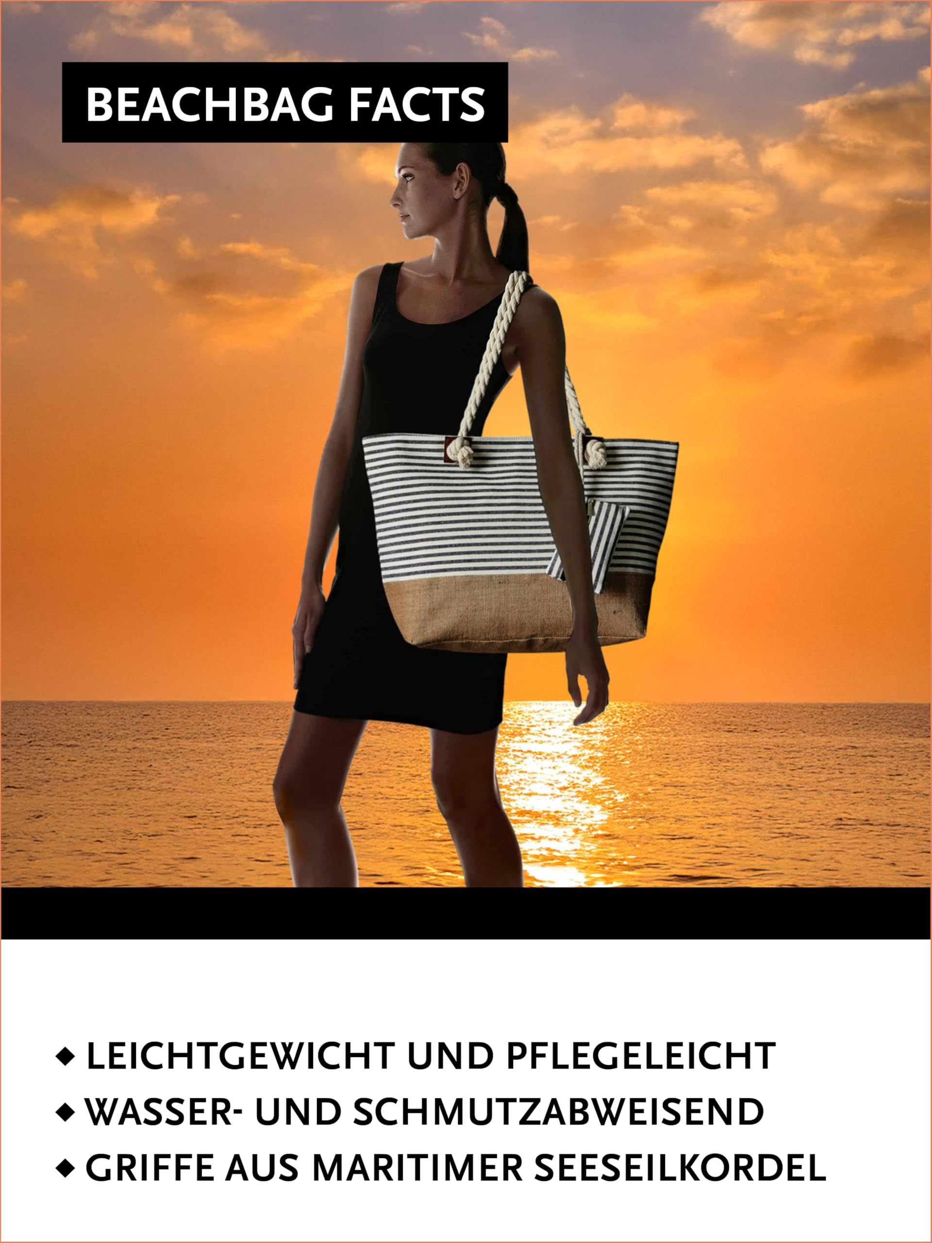 DonDon große Strandtasche XXL mit Reißverschluss - Umhängetasche Damen - große Badetasche für Urlaub vielseitige Shopper Tasche Damen für Strand Urlaub Must Haves Beach bag - Streifen schwarz