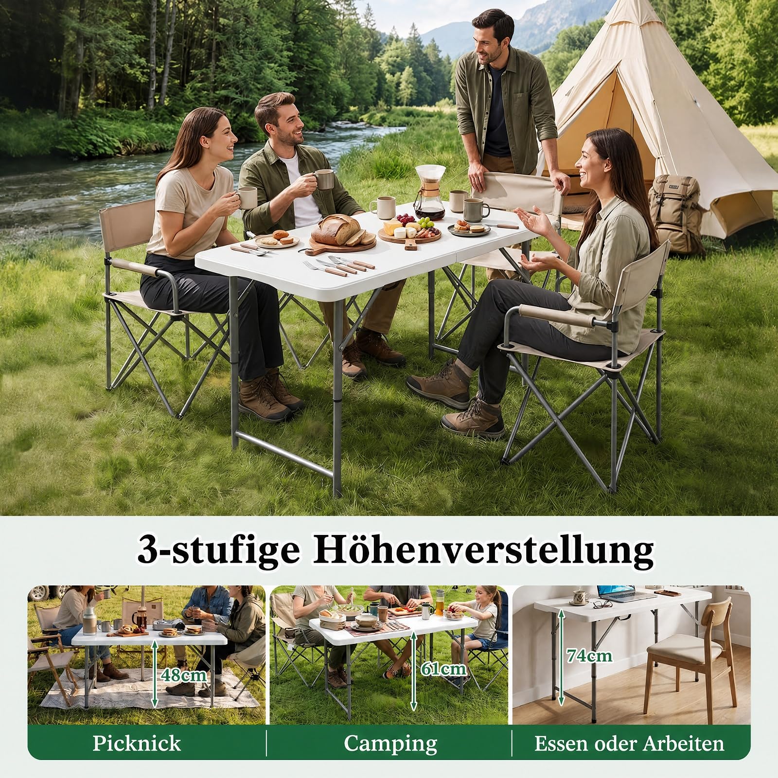 COSTWAY Campingtisch Klappbar Höhenverstellbar, Gartentisch 122x60 cm