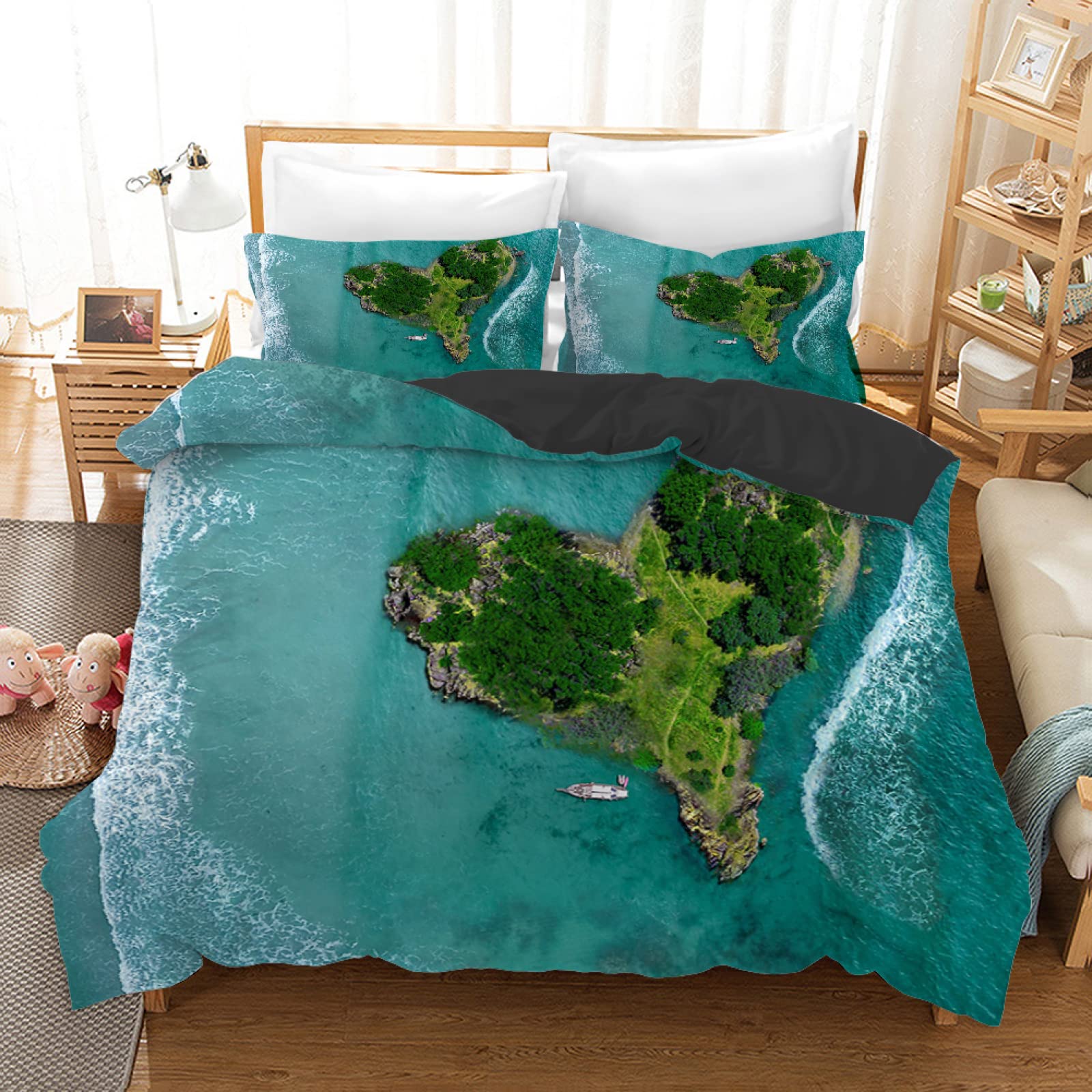 Housse de couette 160x200 en microfibre 110g/㎡ anti-plis bleu eau de mer