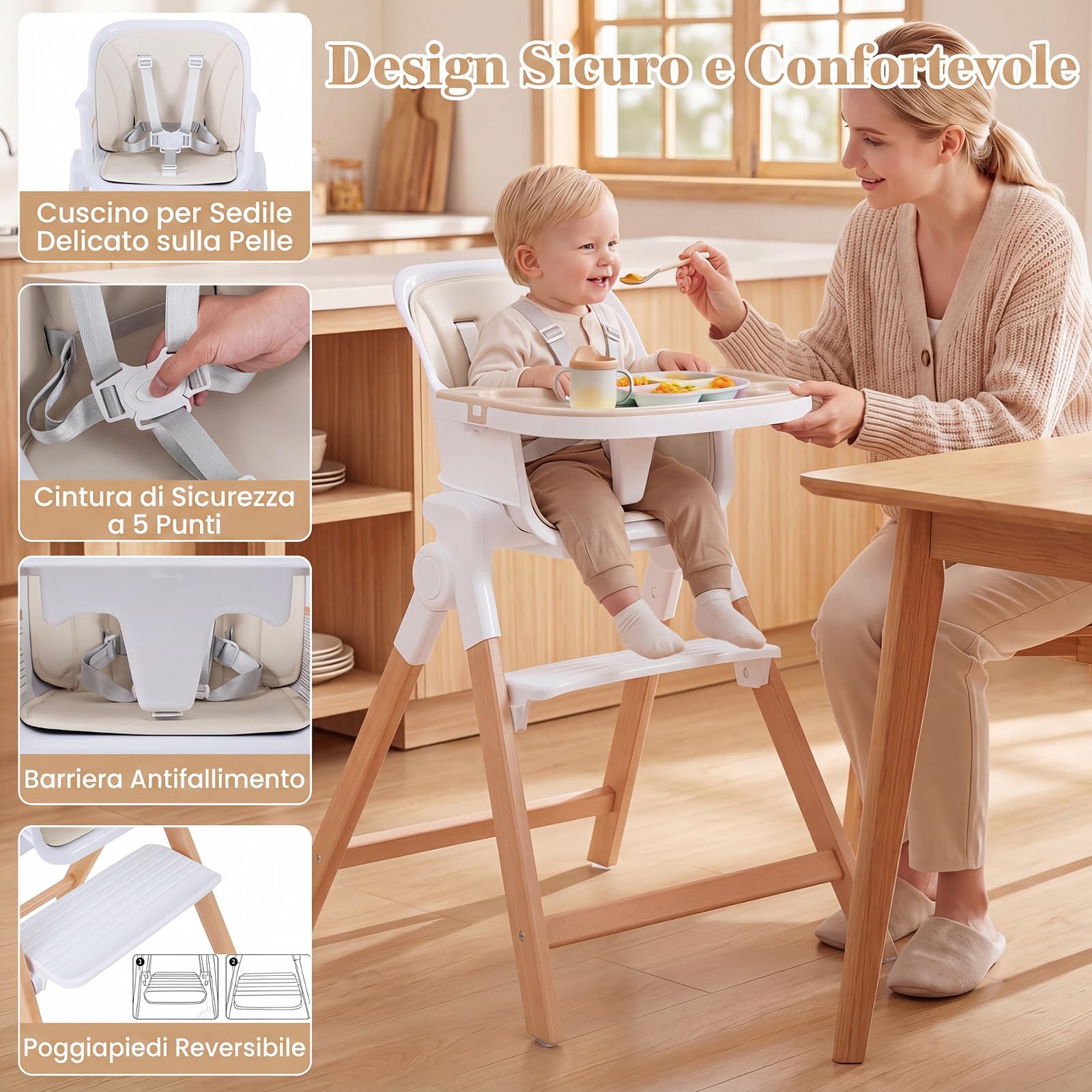 COSTWAY Seggiolone Pappa Pieghevole 4 in 1 con Cuscino di Seduta (Beige) | Seggiolone per Neonati 6-36 Mesi con Vassoi Rimovibili, Portabicchieri, Cintura di Sicurezza e Gambe in Legno