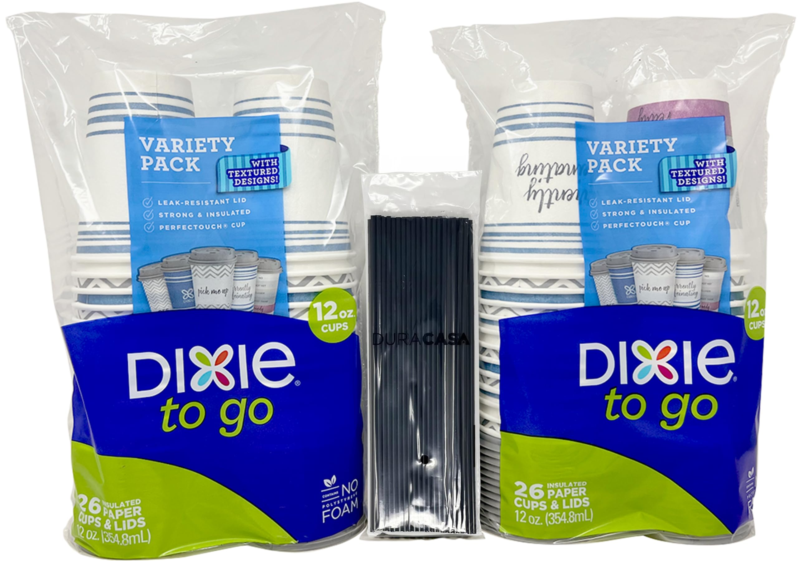DuraCasa Dixie To Go Perfectouch 12 oz Paper Coffee Cups, Lids and Drinking/Stirring Straws Bundle,26 Count Pack of 2, 52 Total Count Plus 52 Straws Included (12 oz, 52 Cups, 52 Lids, 52 Straws)