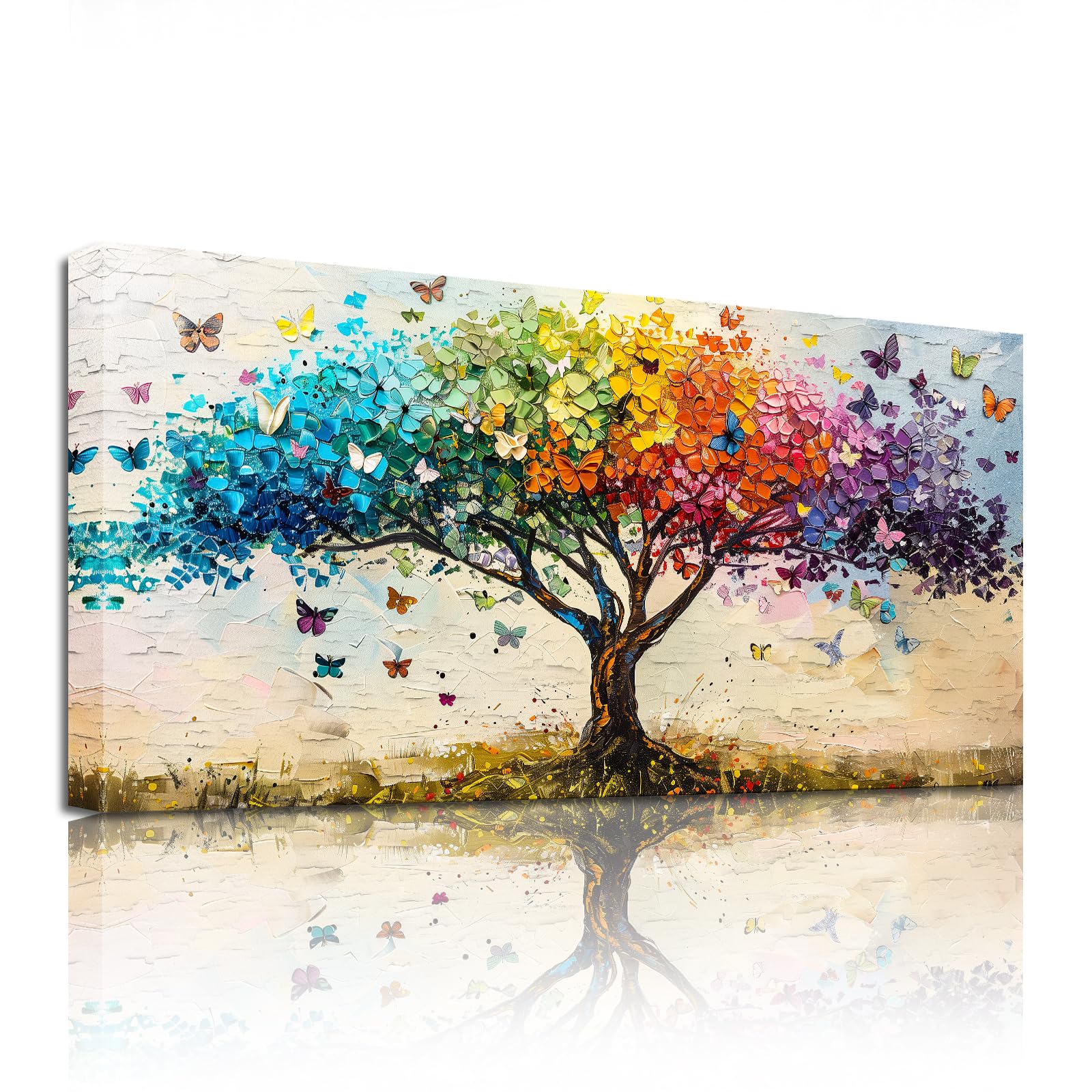 SERIMINO Cuadros Decoracion Arbol de la Vida Modernos Laminas 50x100 cm | Follaje Arcoíris Degradado, Impresión Hd. Bastidor Madera. Montaje Fácil, Multiespacio, Regalo Ideal