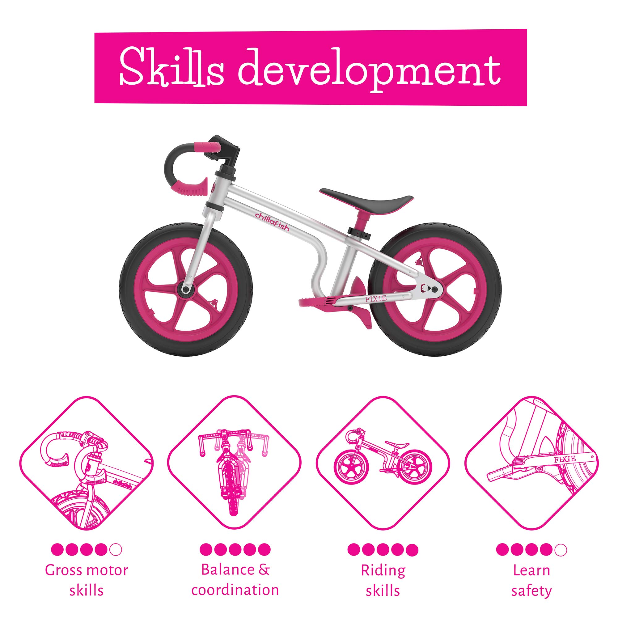 Chillafish Fixie: draisienne au véritable look de vélo de course pour les enfants de 2 à 5 ans, pneus increvables de 12 pouces, siège et guidon ajustable en hauteur, frein à pied et repose pied, rose