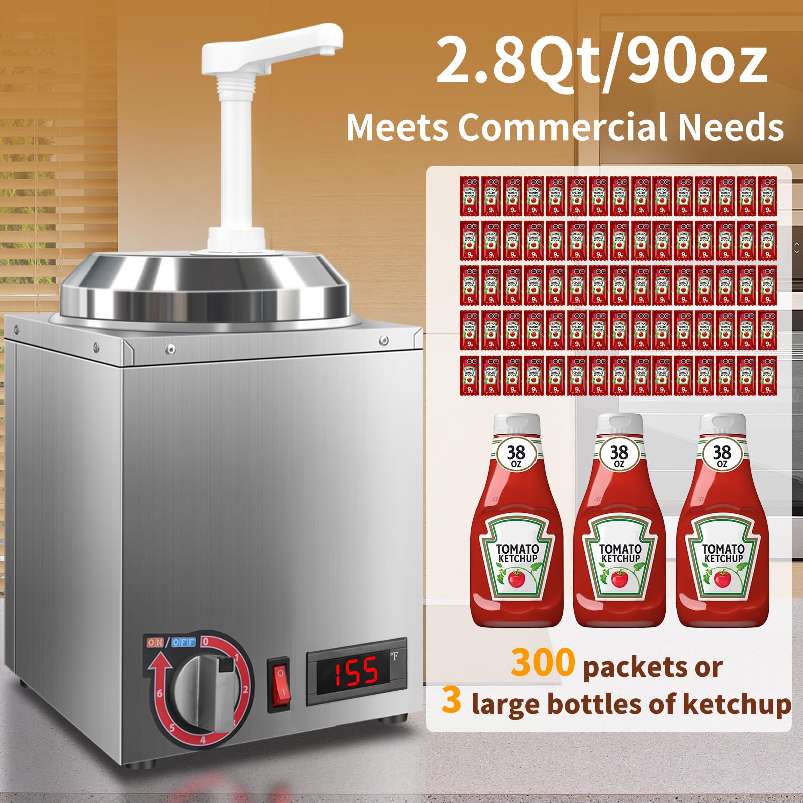 Dispensador calentador de queso con termómetro, calentador de queso Nacho con capacidad de 2.8 cuartos con indicador de temperatura, dispensador eléctrico de dulce caliente, 86-194 F para