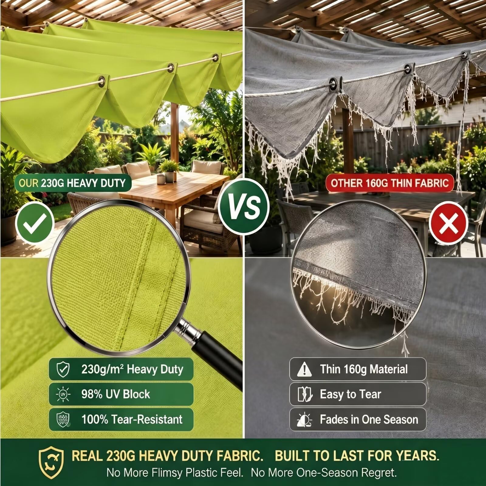 Vela Sombra Rectangular Ondulada 100x550cm Retráctil Impermeable Toldo Exterior Malla de Sombreo Jardín Verde