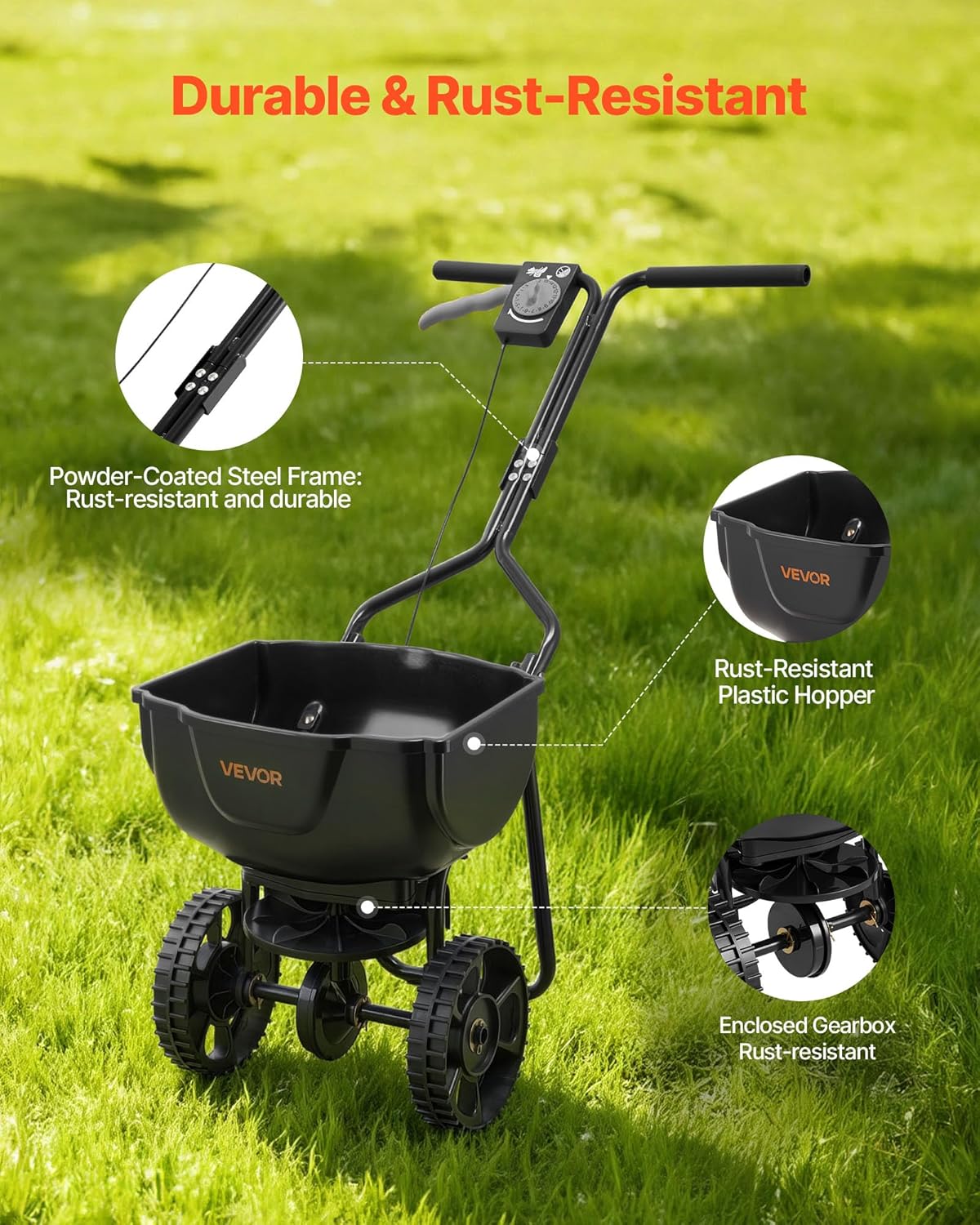 A VEVOR Broadcast Spreader highlighting its durable features: powder-coated steel frame, rust-resistant plastic hopper, and enclosed gearbox.