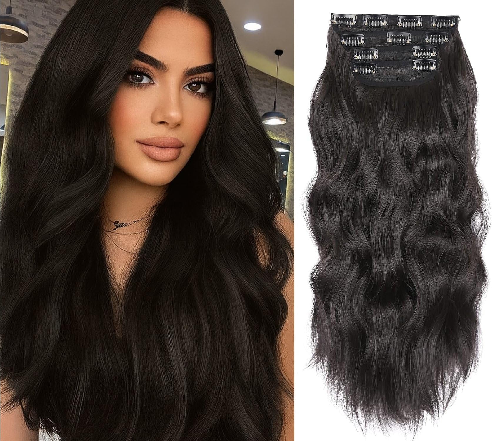 – Clip in Hair Extensions for Women, 4PCS Long Wavy Synthetic Hairpieces, 20 Inch Thick Double Weft Natural Black Brown Fiber Extensions, No Heat Required