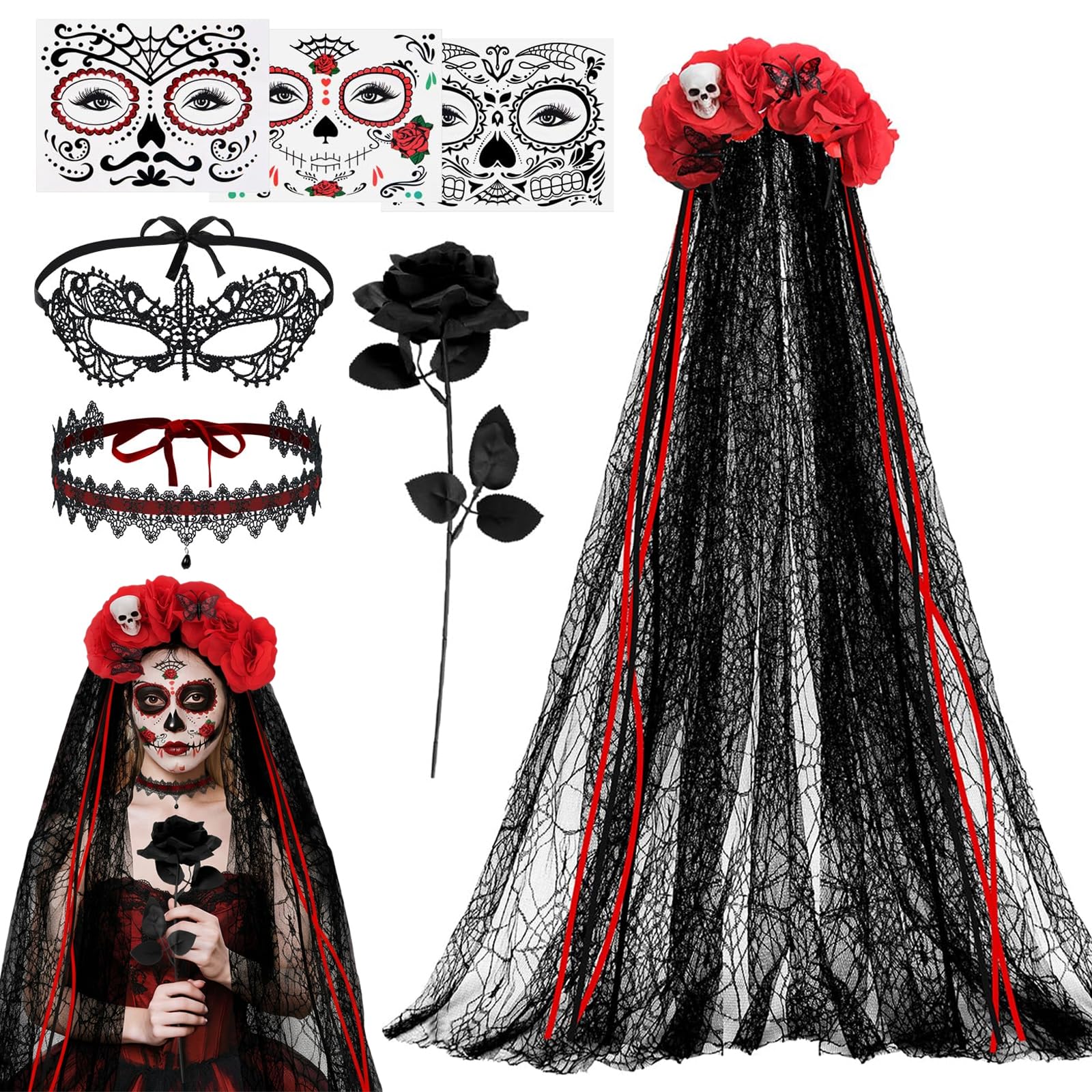 KFSCIP 7 Pcs Day of the Dead Costumes for Women, Halloween Accessories Women, Day of the Dead Headband Accessories, Veil, Tattoo, Black Rose, Necklace, Lace Eye Mask for Dia de Los Muertos