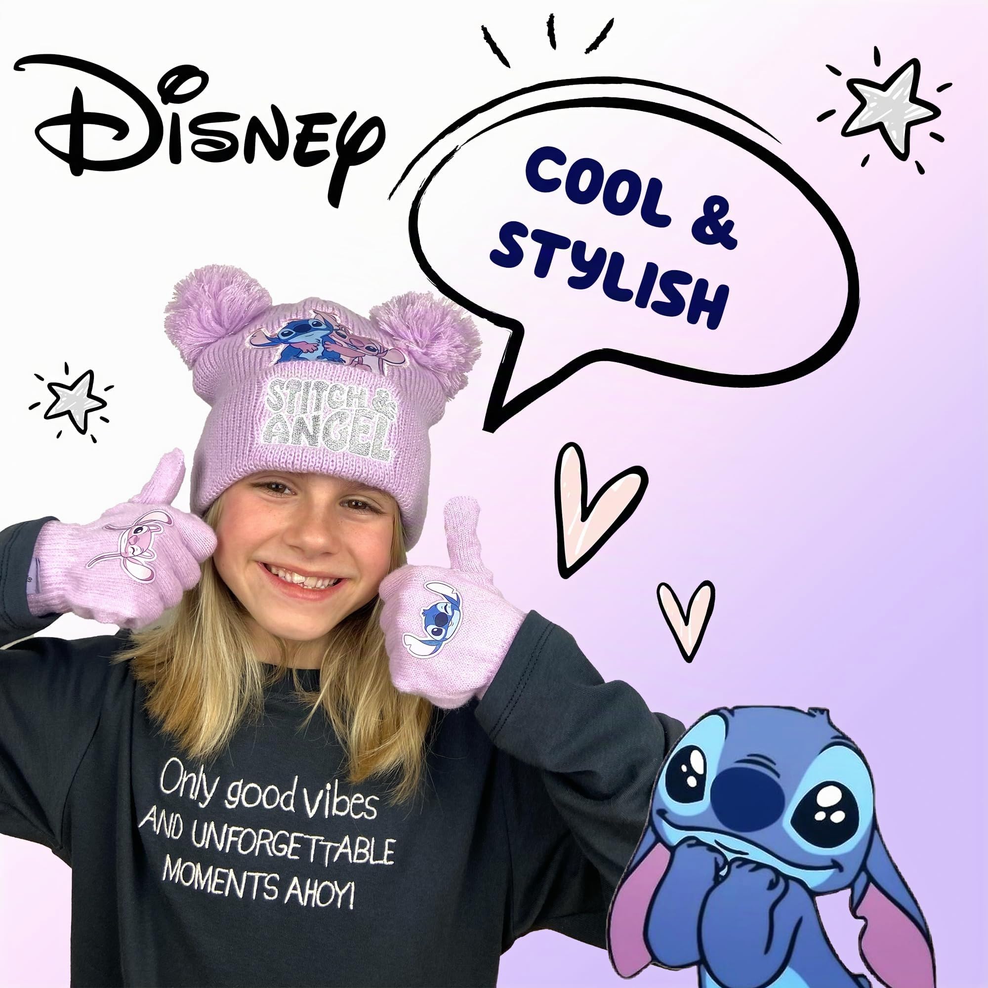 Disney Lilo & Stitch Wintermütze & Handschuhe Set für Mädchen - Warme & Kuschelige Beanie Mütze & Handschuhe - Perfekt für Kinder im Alter von 6-12 Jahren