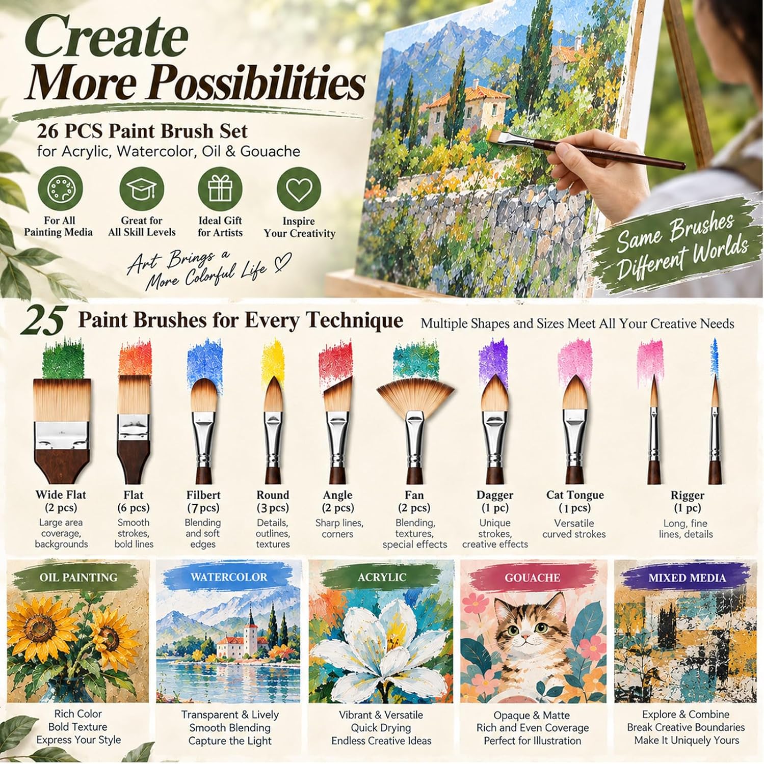 26pcs Paint Brush Set with 27-Slot Standing Case for Acrylic Oil Watercolor