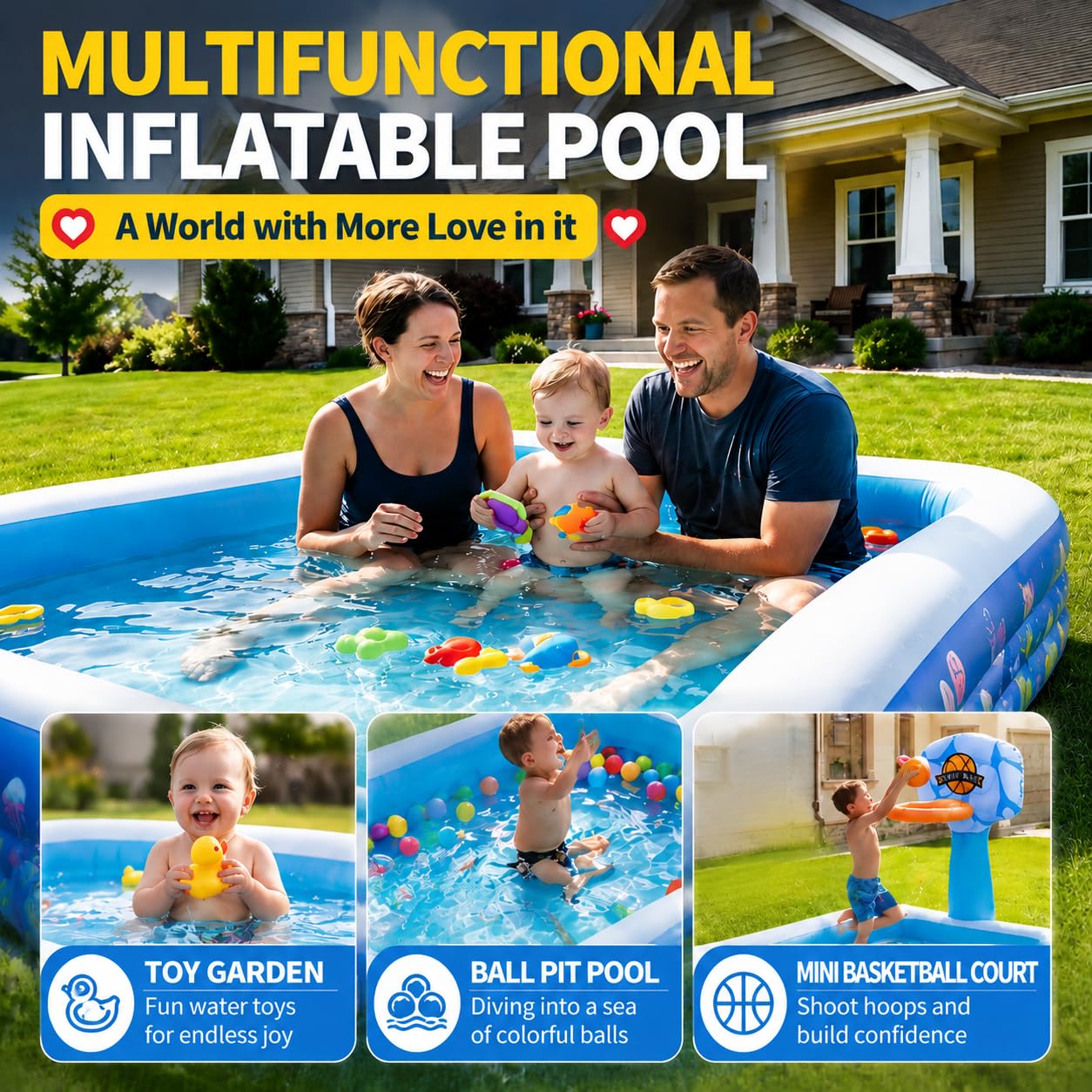 Aufblasbares Schwimmbad, 304,8 x 182,9 x 61 cm, Kinderpools, Familien-Lounge-Pools verdickt, oberirdischer Familienpool für Sommer-Wasserparty, Hinterhof, Garten, Rasen | Family Lounge Pools Verdickter oberirdischer Familienpool für Sommer-Wasserparty, Hi