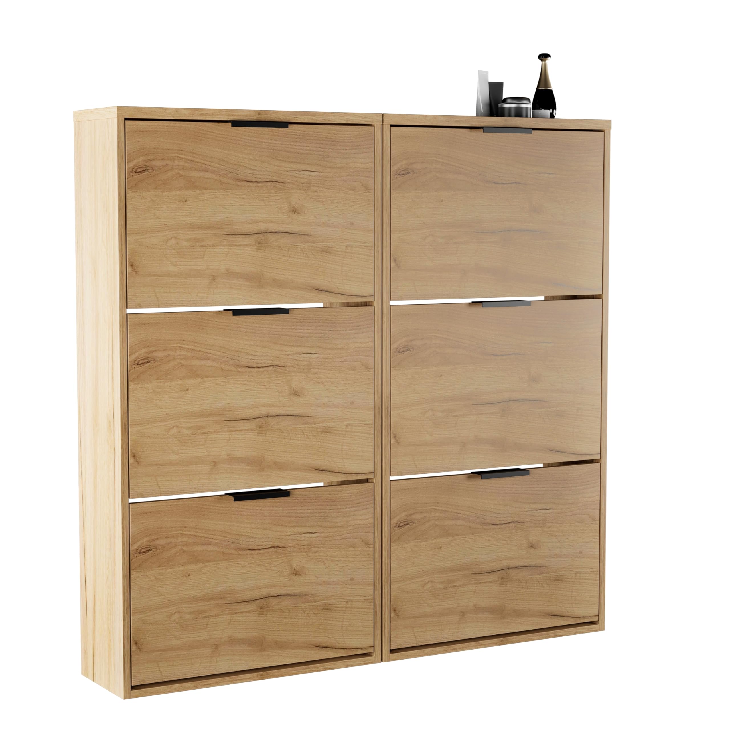 Planetmöbel 2 x Zapatero Estrecho con 3 Puertas, Organizador Zapatos con 6 estantes, Armario Zapatero para recibidor, Pasillo, guardarropa 60 x 23 x 118 cm, Roble Dorado